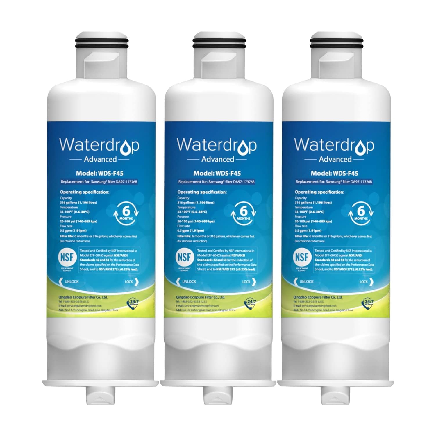 Certifié NSF 53 et 42 de Waterdrop WDS-F45 compatible avec les modèles HAF-Qin/EXP, HAF-Qin, DA97-17376&nbsp;B, DA97-08006C, filtre à eau pour