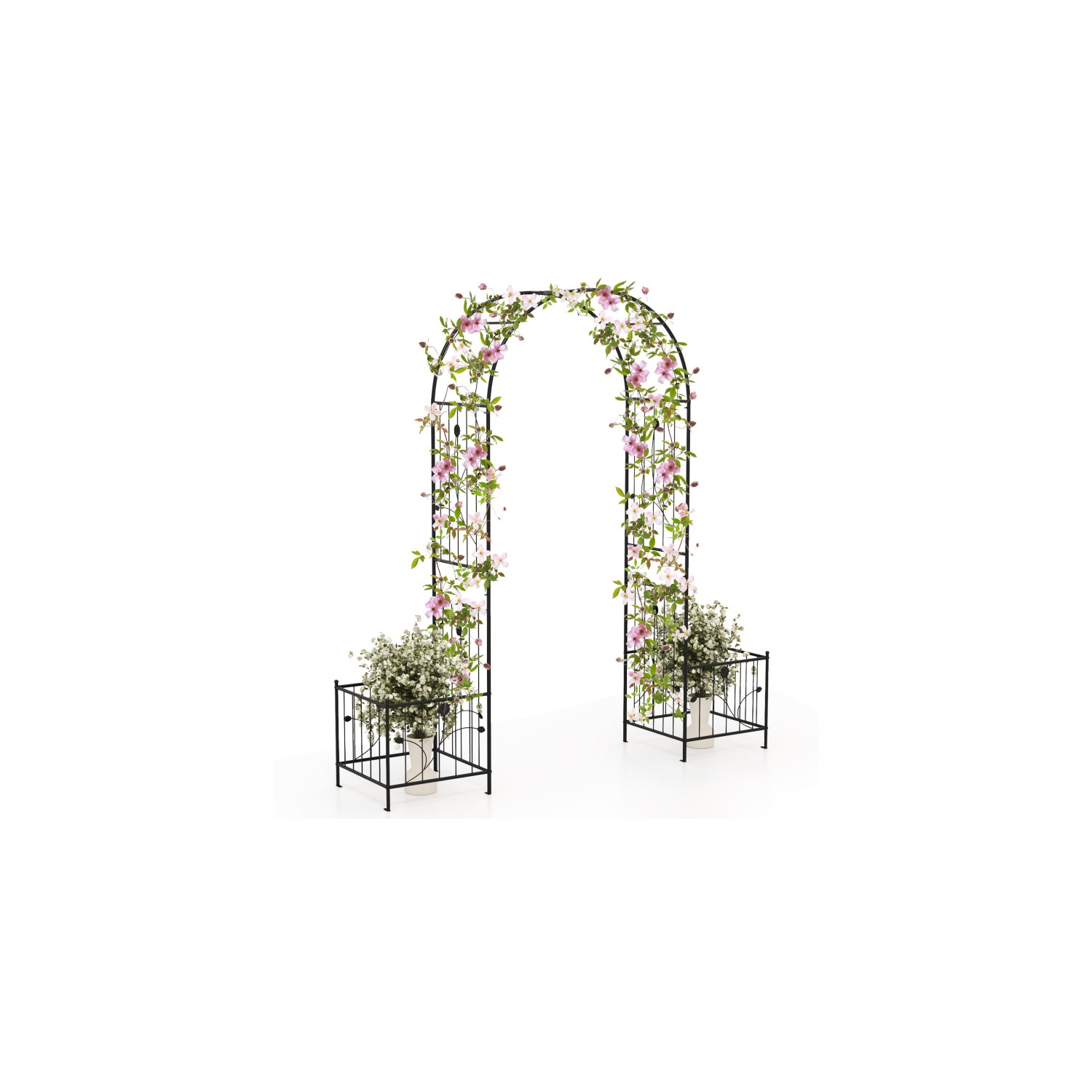 2-in-1 Garden Arbor with Side Planters and 8 Ground Stakes for Outdoor Use