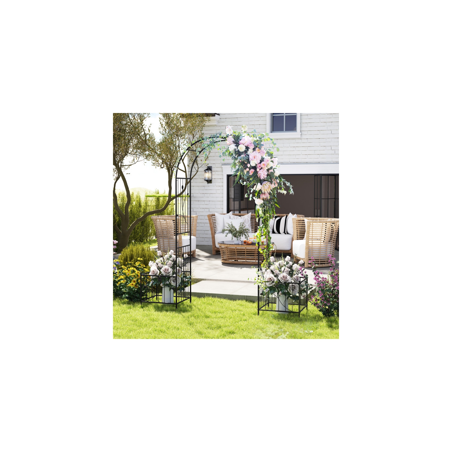 2-in-1 Garden Arbor with Side Planters and 8 Ground Stakes for Outdoor Use