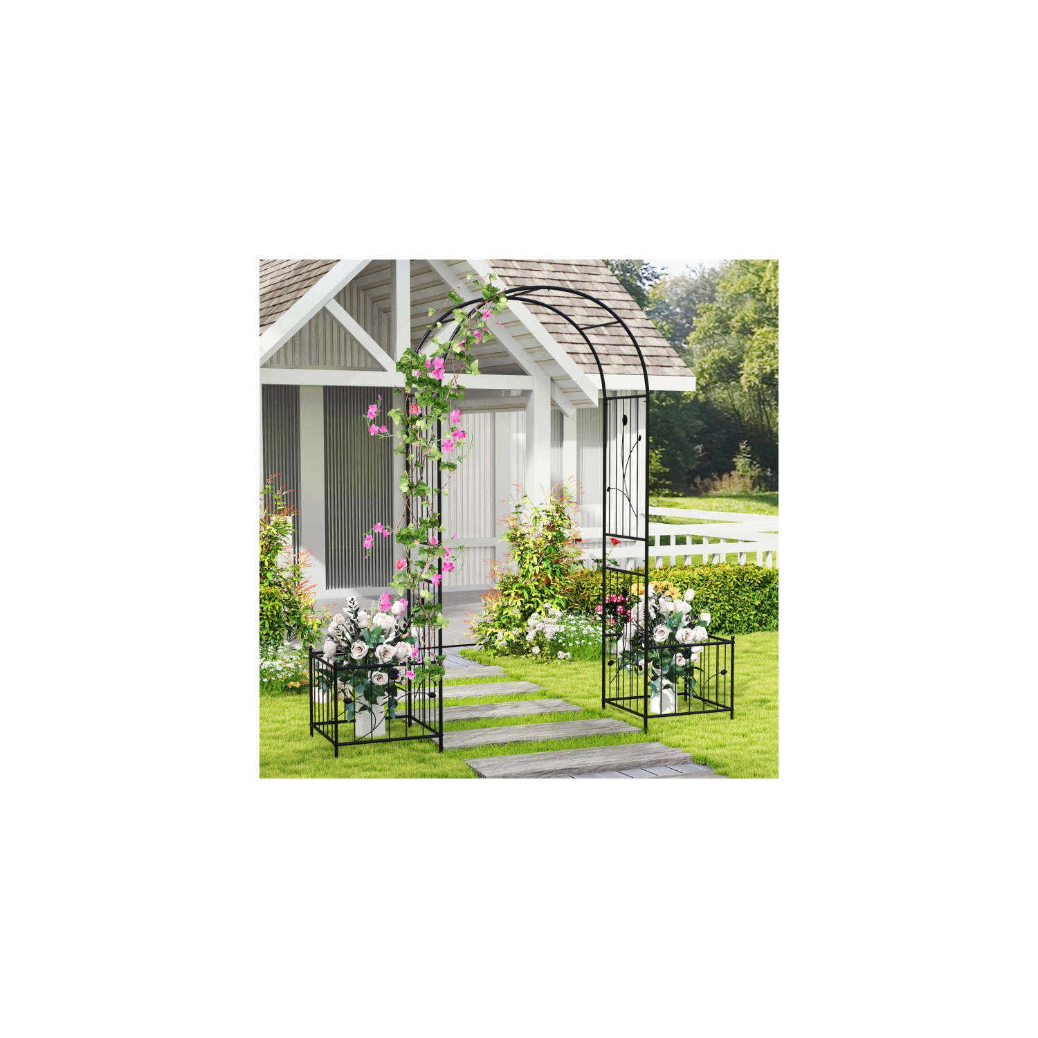 2-in-1 Garden Arbor with Side Planters and 8 Ground Stakes for Outdoor Use