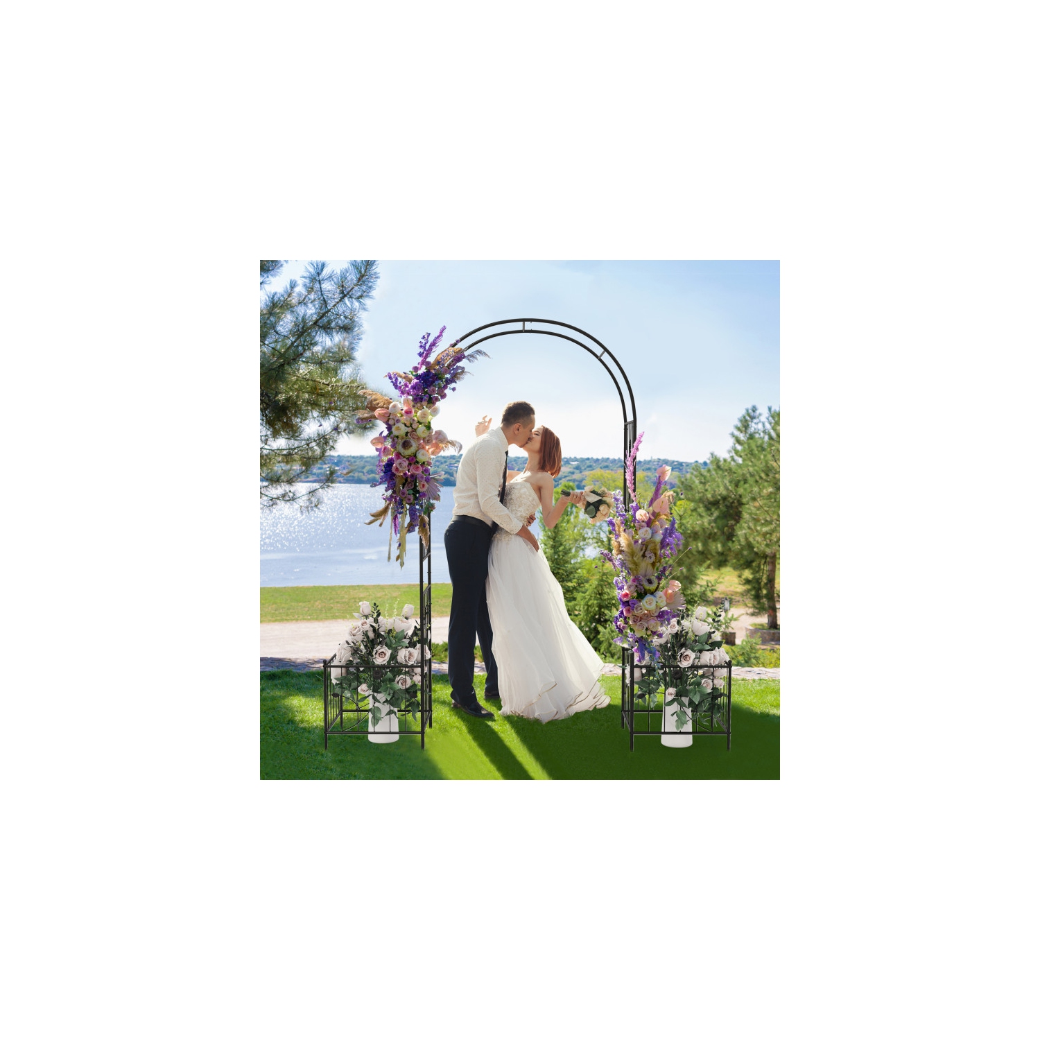 2-in-1 Garden Arbor with Side Planters and 8 Ground Stakes for Outdoor Use