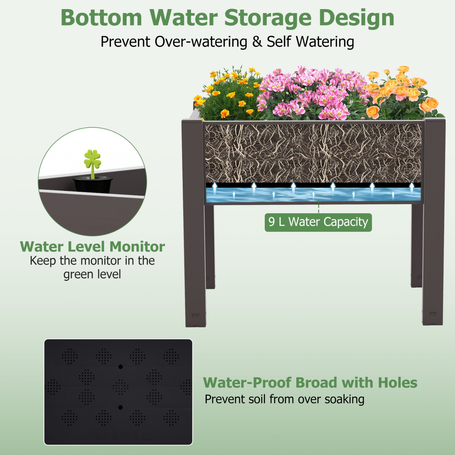Raised Bed Planter Stand with Self-Watering System and Water Level Monitor