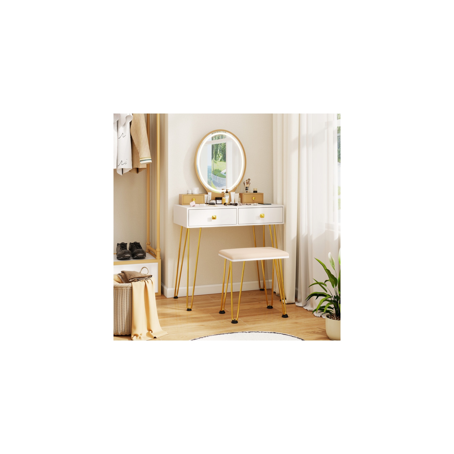 Vanity Table Set with Dimmable 3-Color Lighted Mirror for Bedroom
