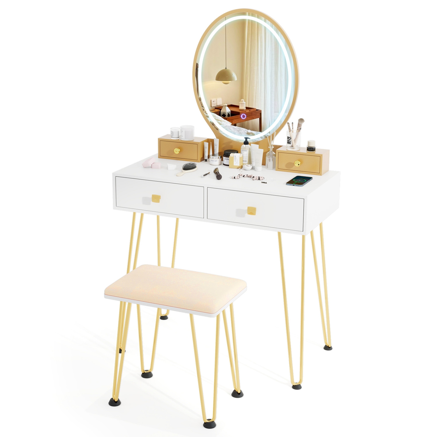 Vanity Table Set with Dimmable 3-Color Lighted Mirror for Bedroom