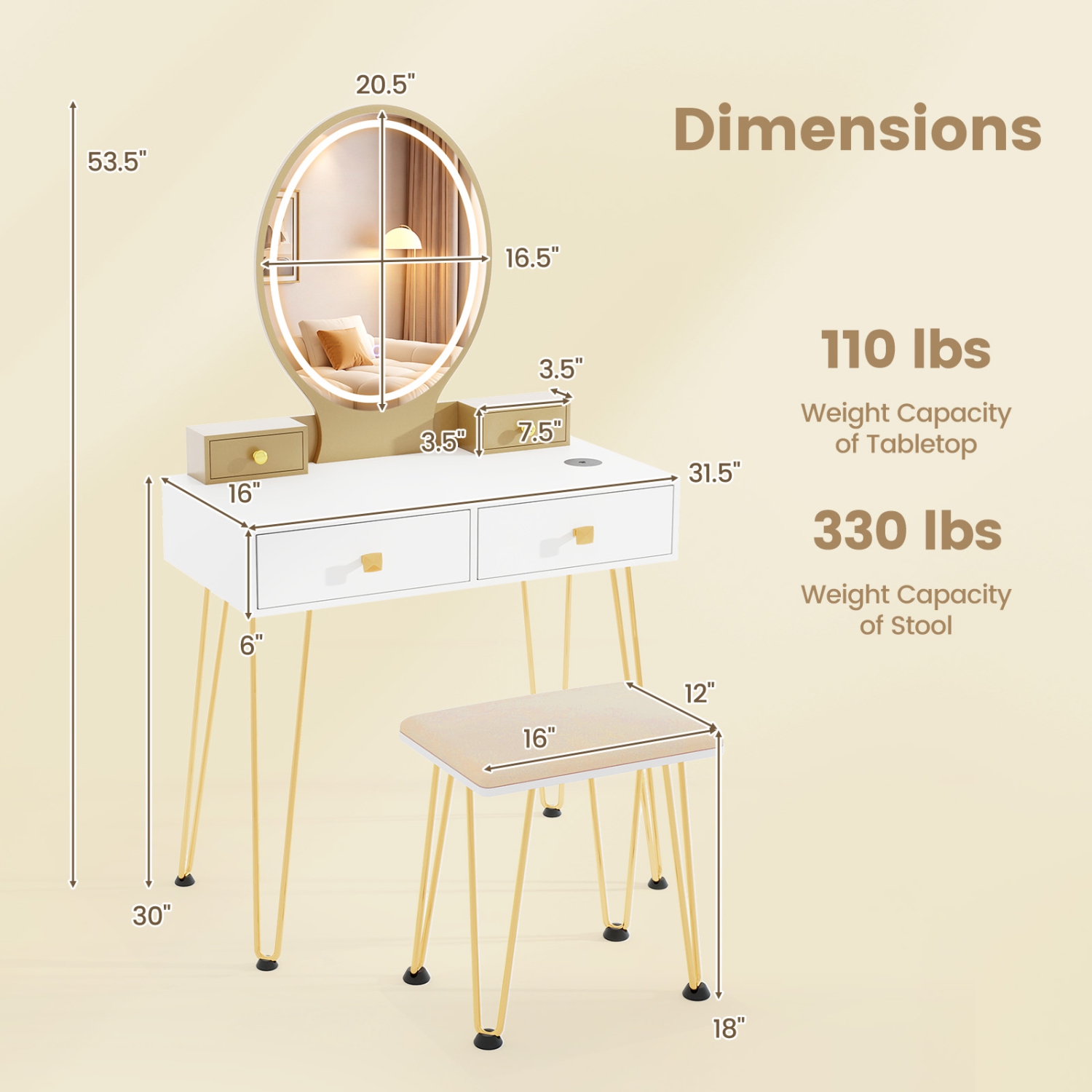 Vanity Table Set with Dimmable 3-Color Lighted Mirror for Bedroom