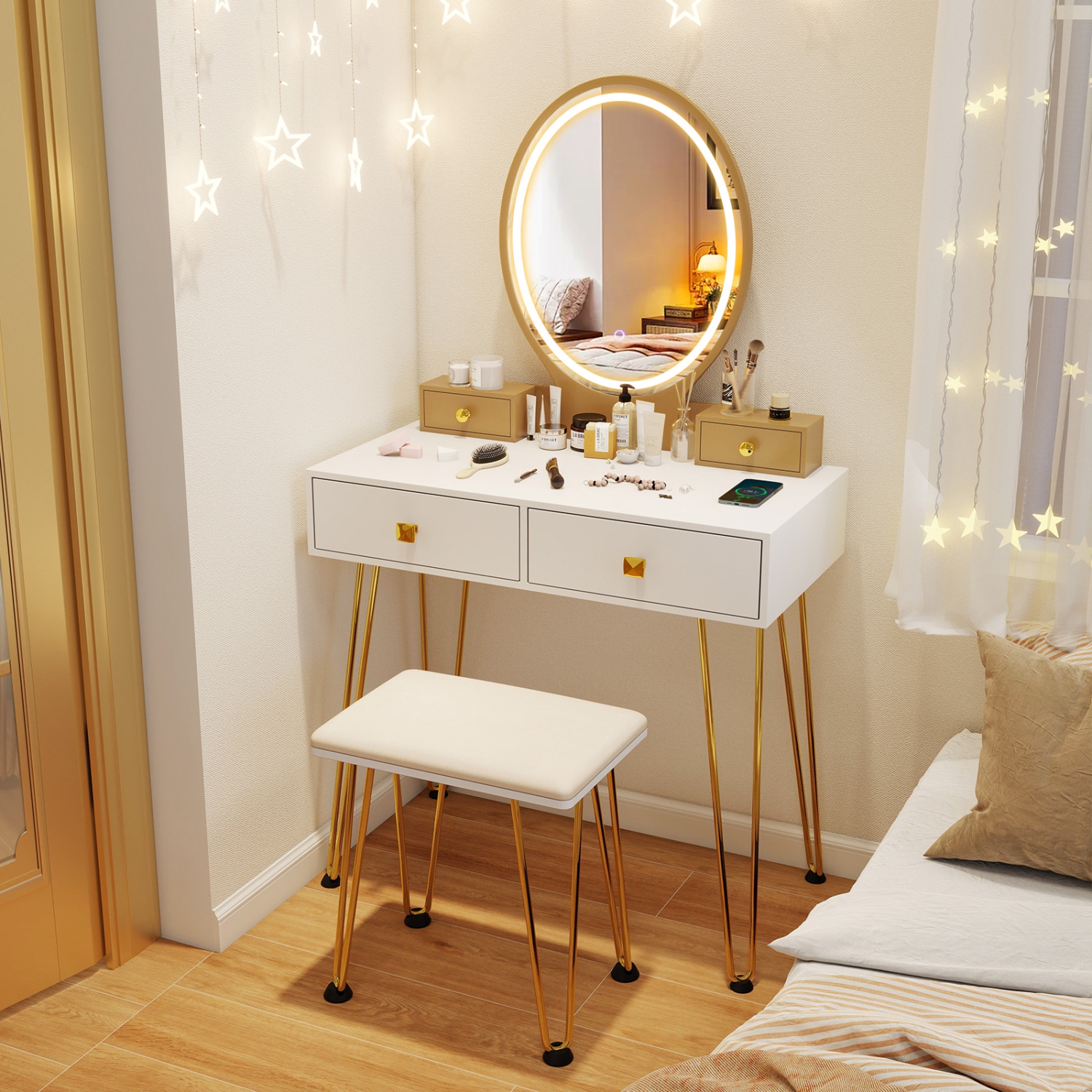 Vanity Table Set with Dimmable 3-Color Lighted Mirror for Bedroom