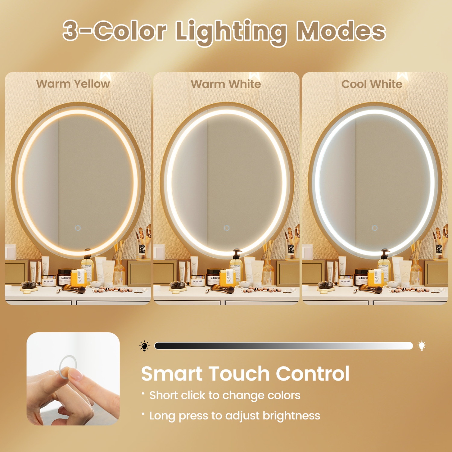 Vanity Table Set with Dimmable 3-Color Lighted Mirror for Bedroom