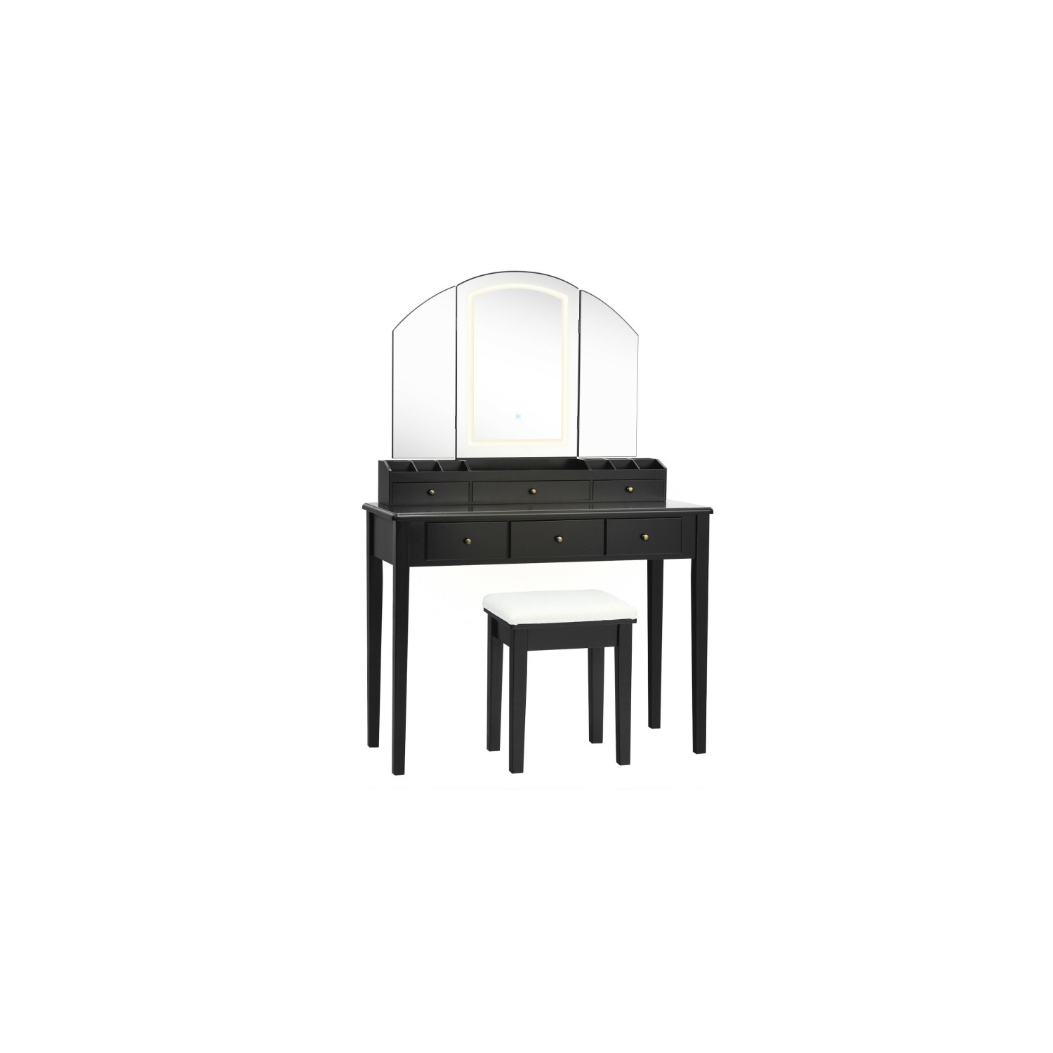 Makeup Vanity Table and Stool Set with Large Folding Lighted Mirror