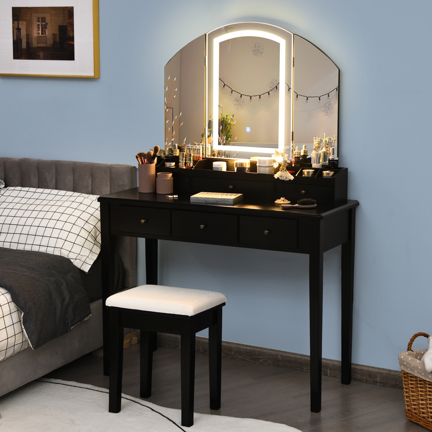 Makeup Vanity Table and Stool Set with Large Folding Lighted Mirror