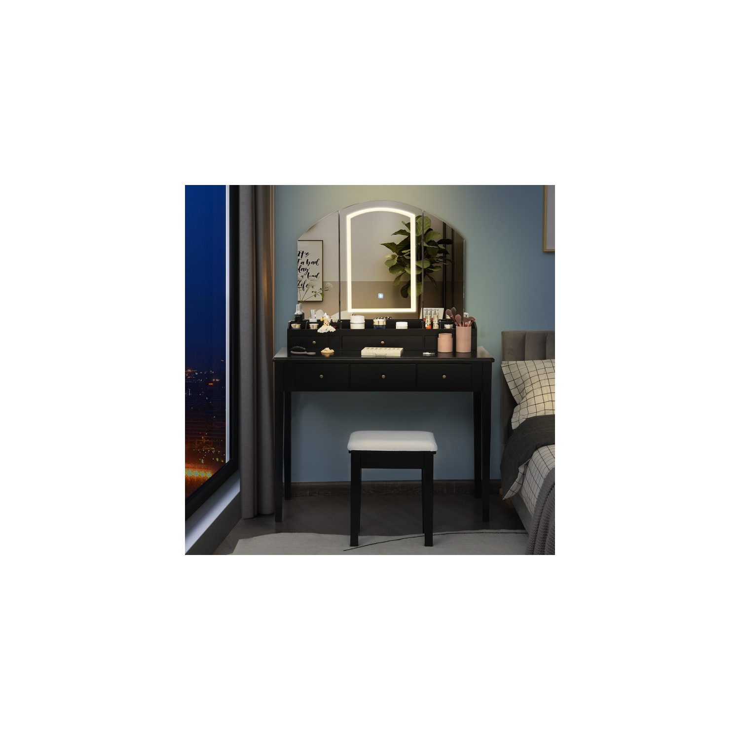 Makeup Vanity Table and Stool Set with Large Folding Lighted Mirror