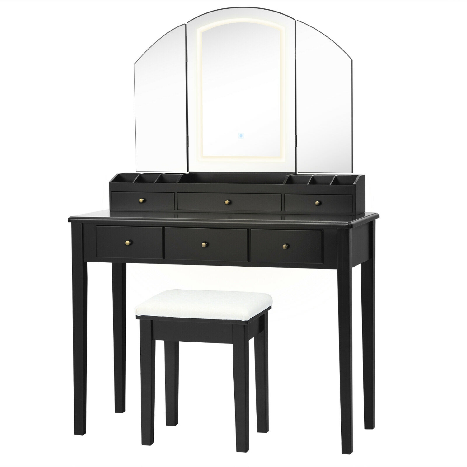 Makeup Vanity Table and Stool Set with Large Folding Lighted Mirror