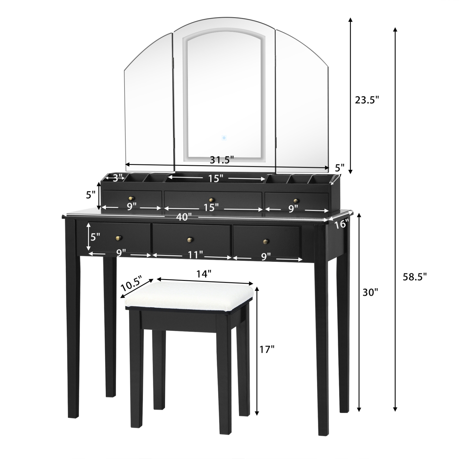 Makeup Vanity Table and Stool Set with Large Folding Lighted Mirror