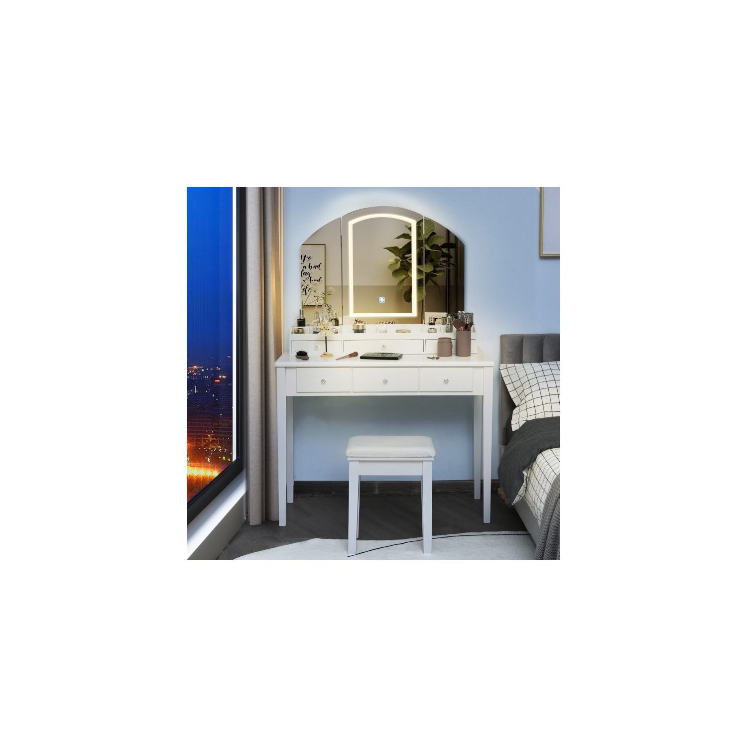 Makeup Vanity Table and Stool Set with Large Folding Lighted Mirror