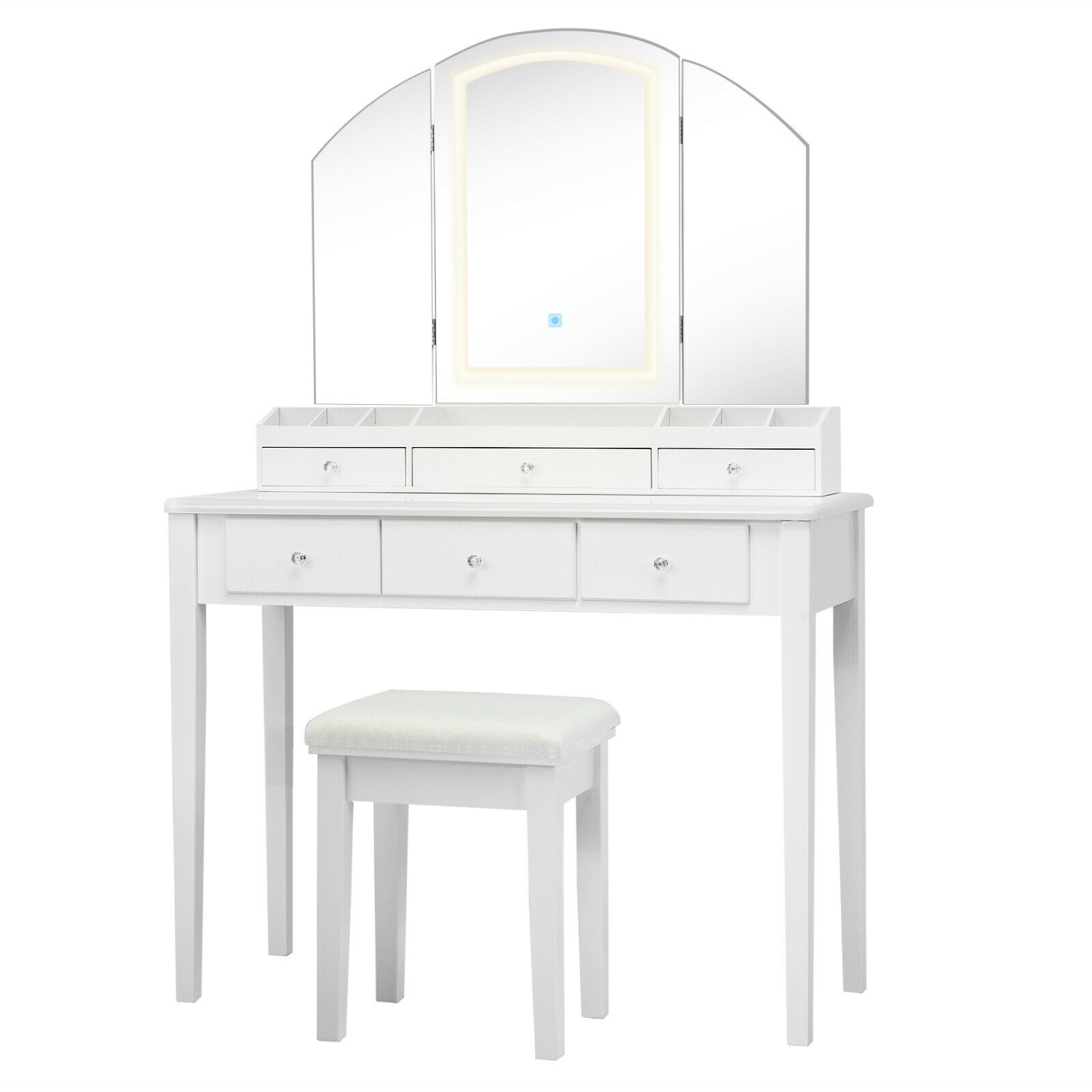 Makeup Vanity Table and Stool Set with Large Folding Lighted Mirror