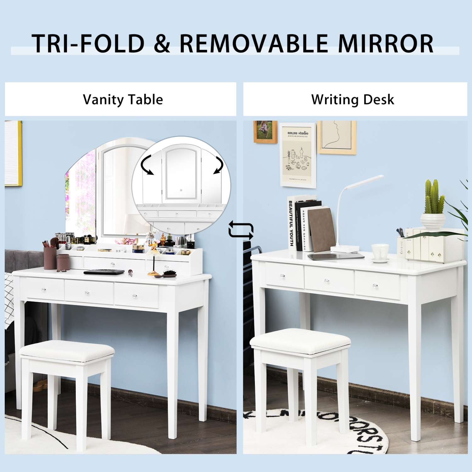 Makeup Vanity Table and Stool Set with Large Folding Lighted Mirror