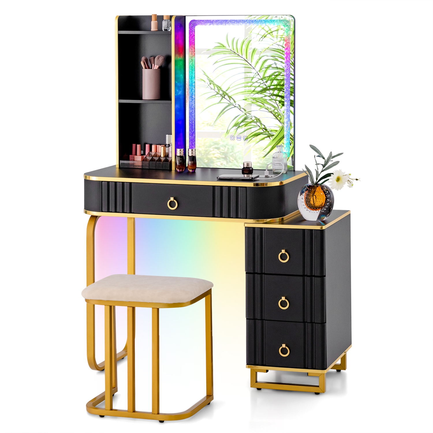 Vanity Table Set with RGB LED Lights and Wireless Charging Station