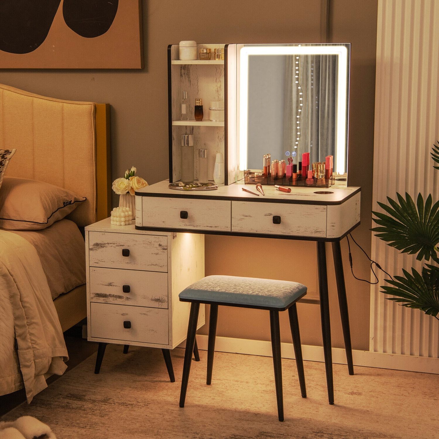 Vanity Makeup Table Set with Lighted Mirror for Bedroom or Dressing Room