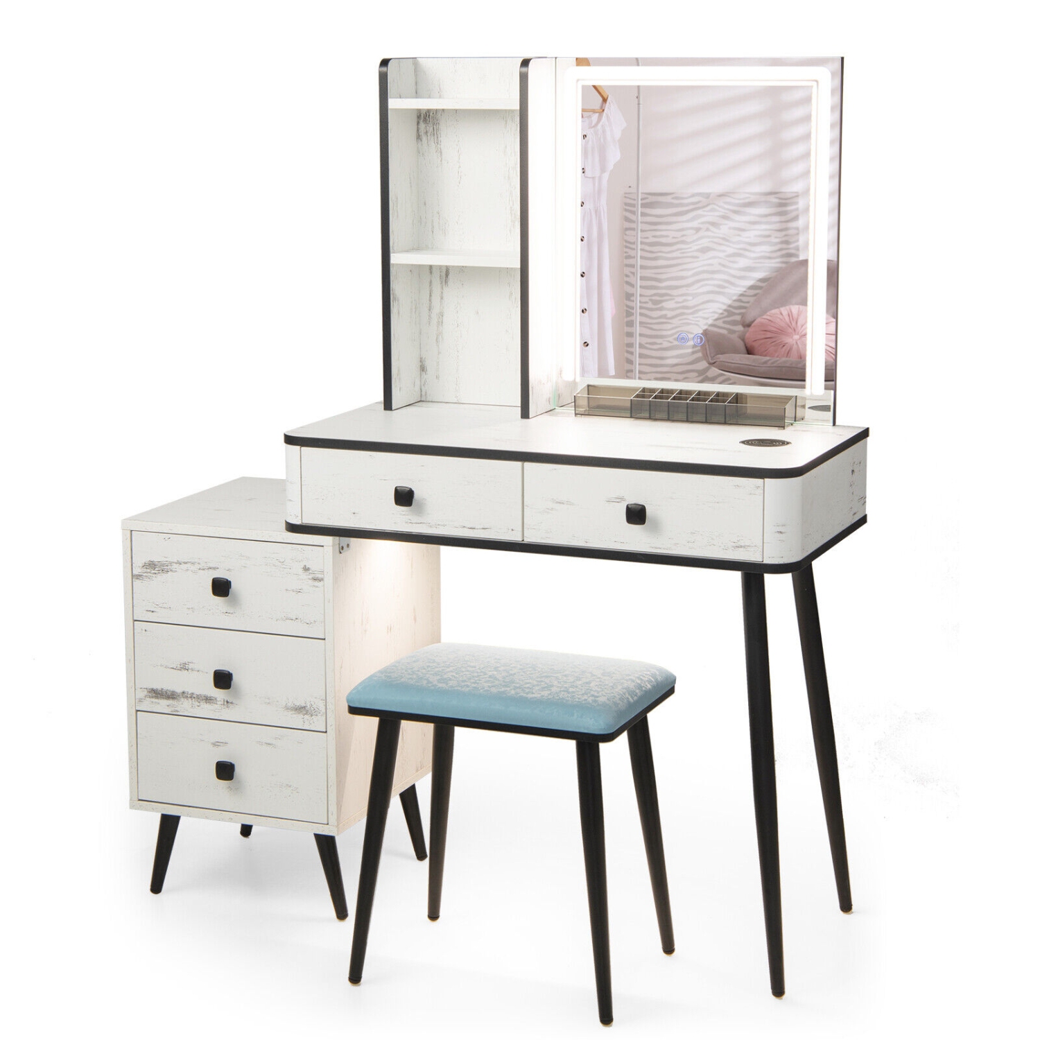 Vanity Makeup Table Set with Lighted Mirror for Bedroom or Dressing Room