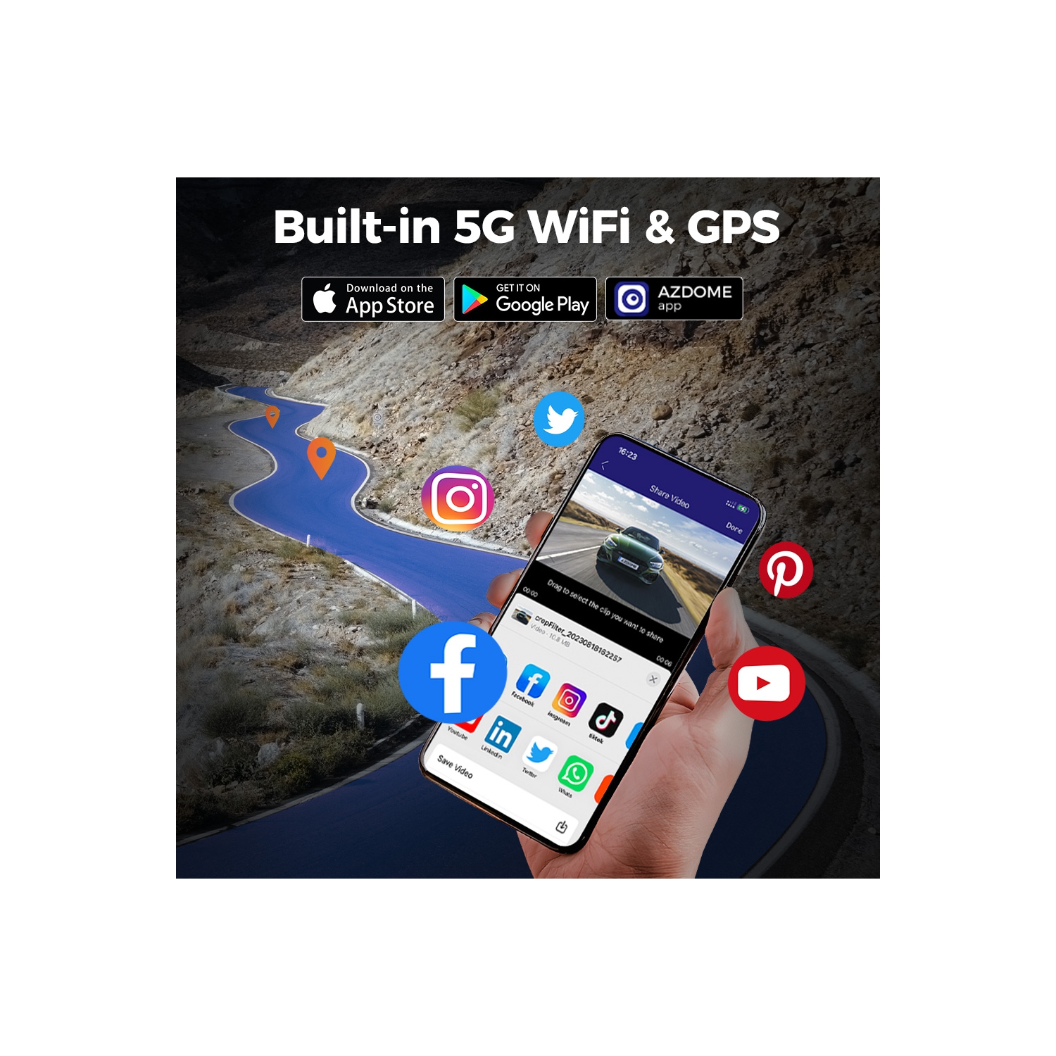 Caméra de tableau de bord 4 canaux 360° M660 d'AZDOME 5 Go Wi-Fi GPS 2K/1080p 24H mode stationnement 128&nbsp;Go avec mémoire eMMC intégrée