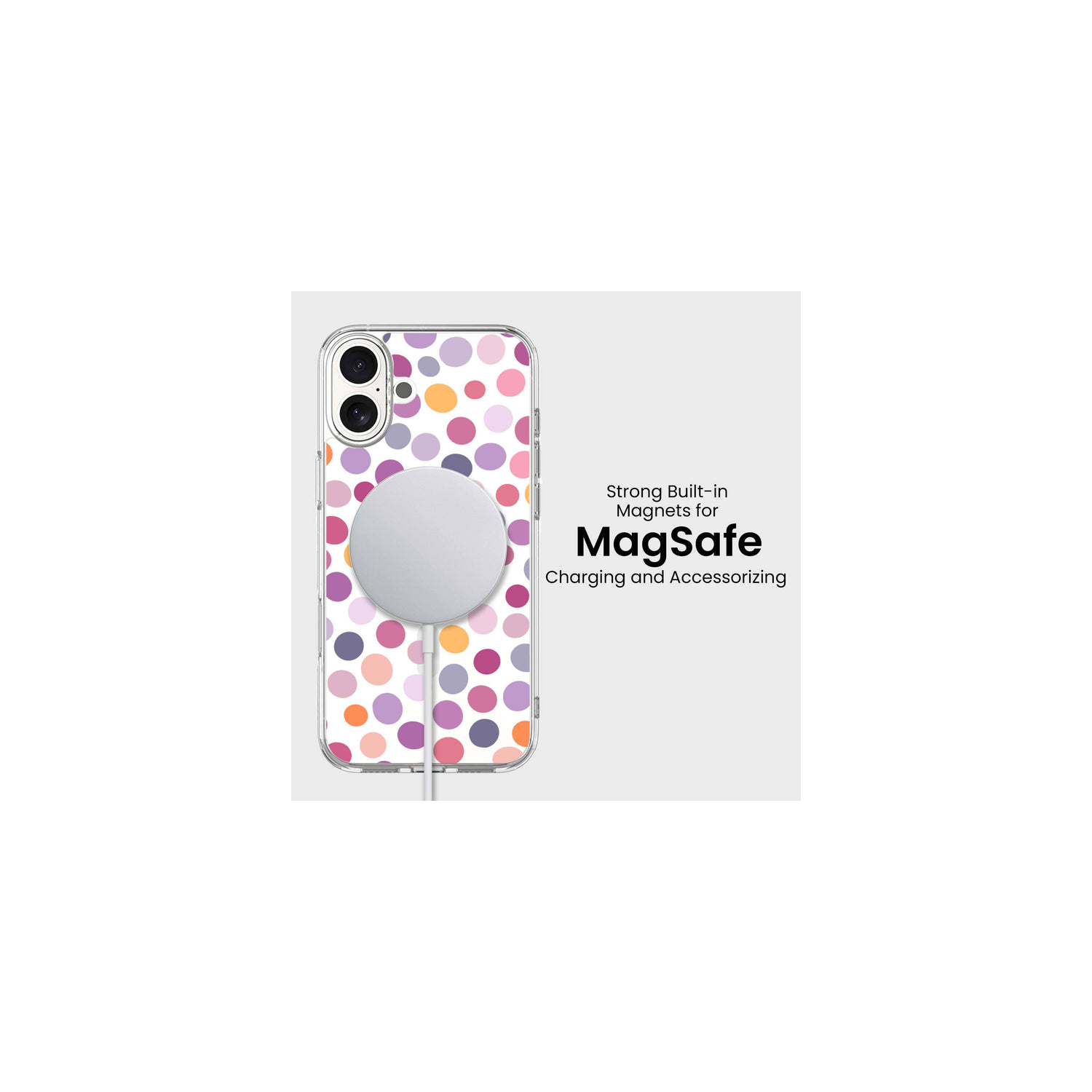 MagSafe iPhone 16 Purple Polka Dots Clear Case