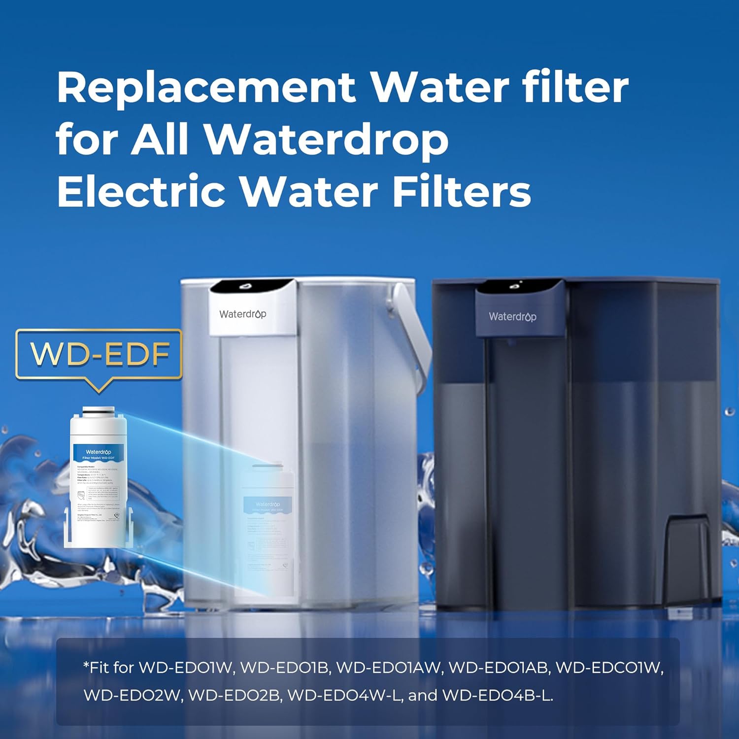 Waterdrop WD-EDF Replacement Filters for Waterdrop Electirc Water Filter Pitcher 𝐖𝐃-𝐄𝐃𝟎𝟏/𝐄𝐃𝟎𝟐/𝐄𝐃𝟎𝟒/𝐄𝐃𝟎𝟏𝐀/𝐄𝐃𝐂𝟎𝟏, 3 Months or