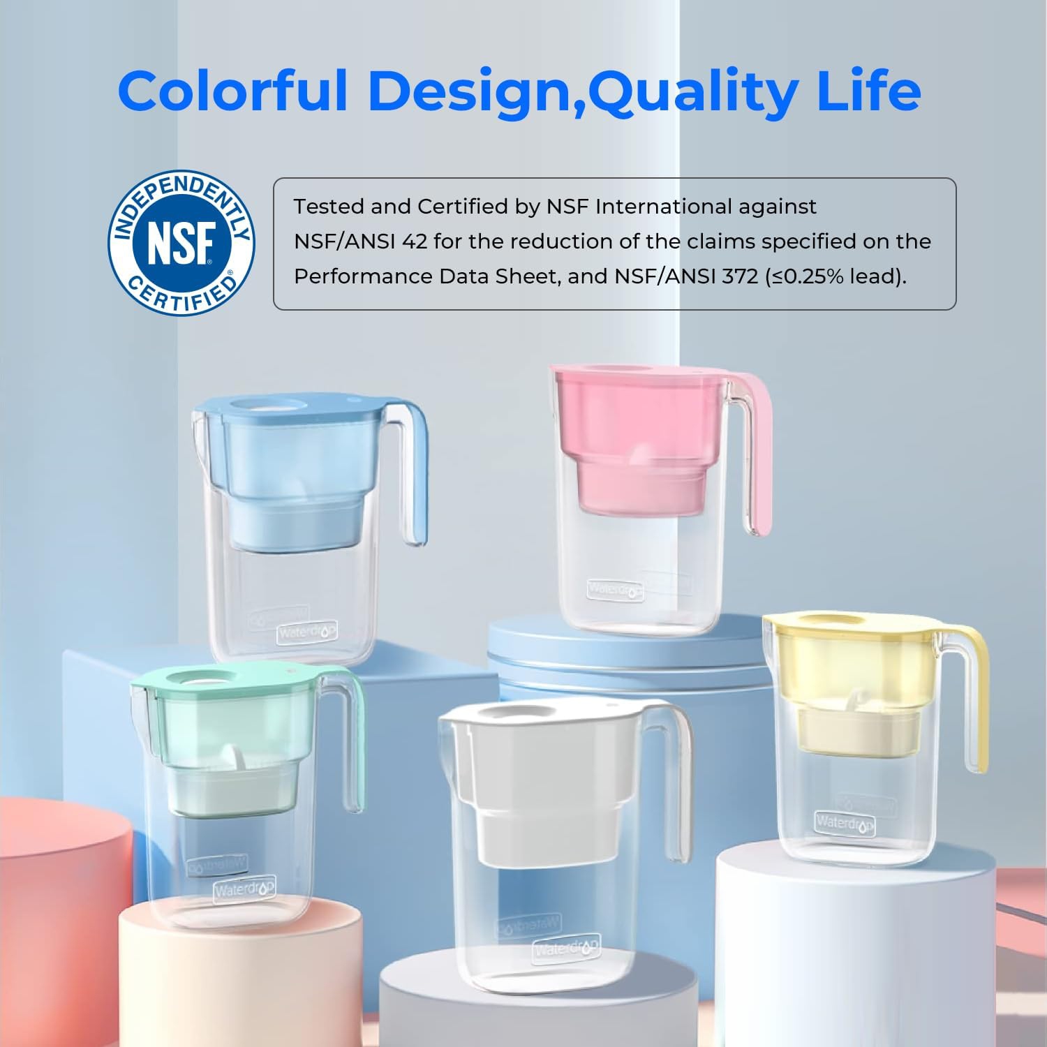 Pichet filtrant à eau longue durée de 200 gallons en Elfin 7 avec 1 filtre, certifié NSF, 5 fois plus durable, réduit le SPFO, PFOA/PFOS Chlore, sans