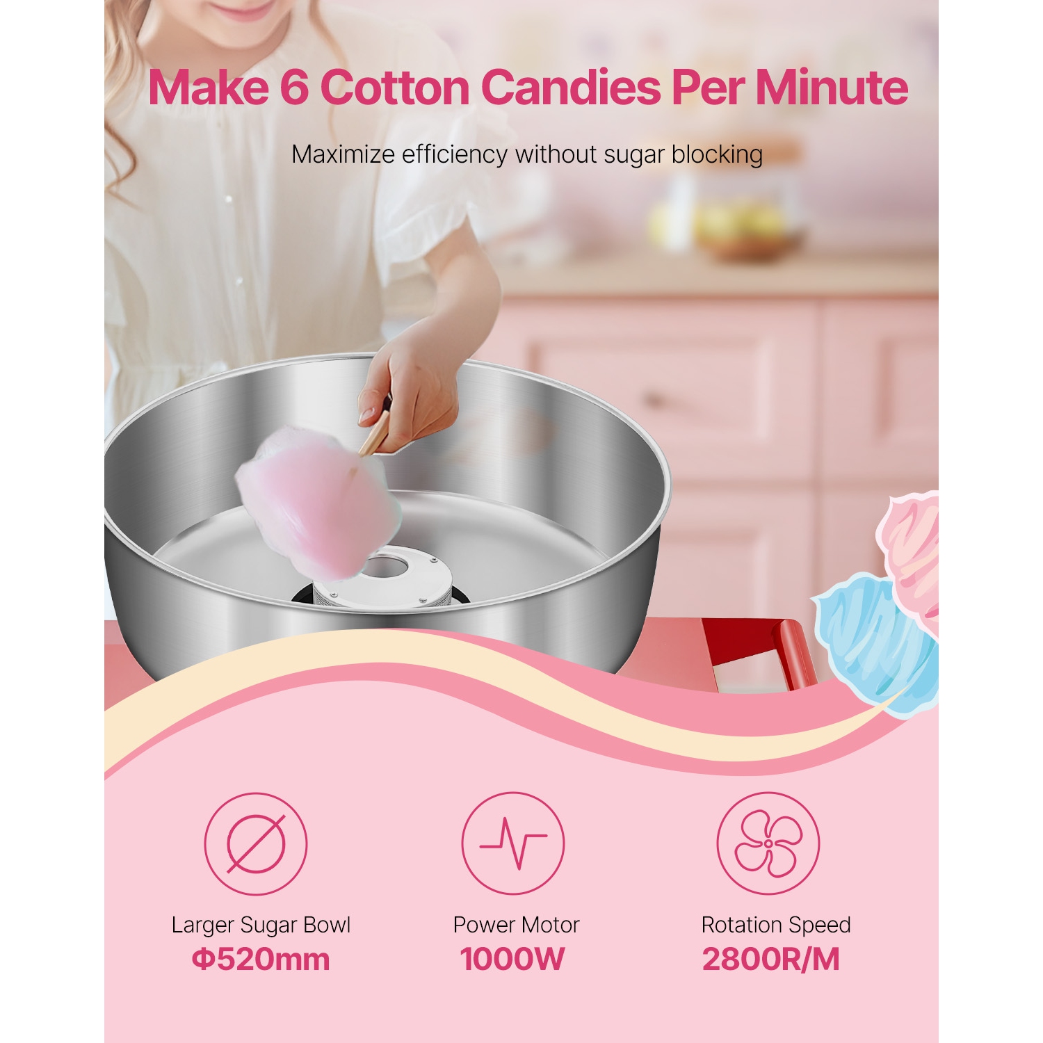 VEVOR 1000W Electric Cotton Candy Machine with Cart, Commercial Candy Floss Maker with 20.5 in Stainless Steel Bowl, Sugar Scoop, and Drawer, Easy to