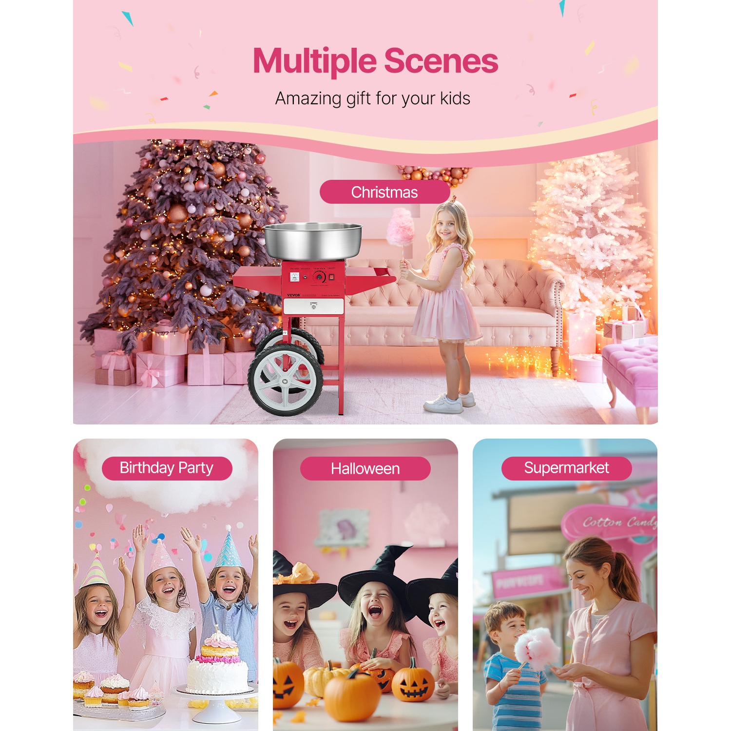 VEVOR 1000W Electric Cotton Candy Machine with Cart, Commercial Candy Floss Maker with 20.5 in Stainless Steel Bowl, Sugar Scoop, and Drawer, Easy to