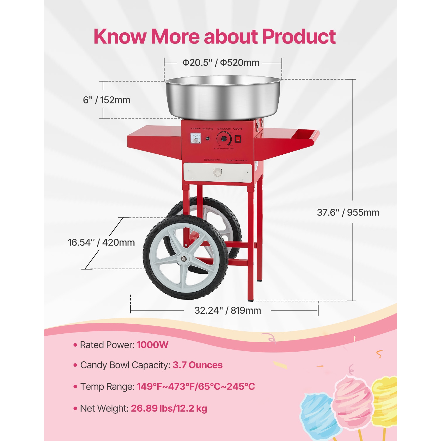 VEVOR 1000W Electric Cotton Candy Machine with Cart, Commercial Candy Floss Maker with 20.5 in Stainless Steel Bowl, Sugar Scoop, and Drawer, Easy to