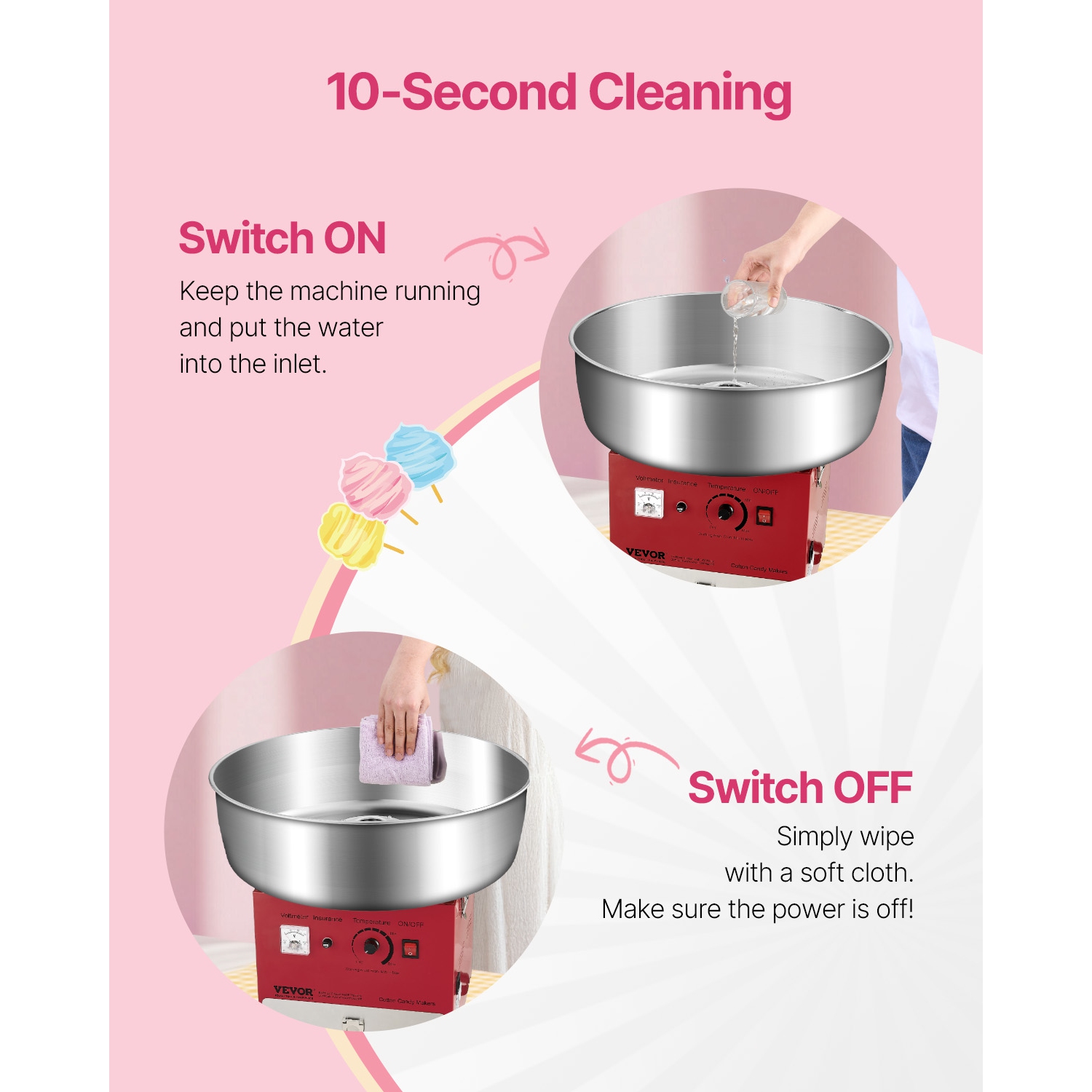 VEVOR 1000W Electric Cotton Candy Machine, Commercial Candy Floss Maker with 20.5 in Stainless Steel Bowl, Sugar Scoop, and Drawer, Easy Home Use,
