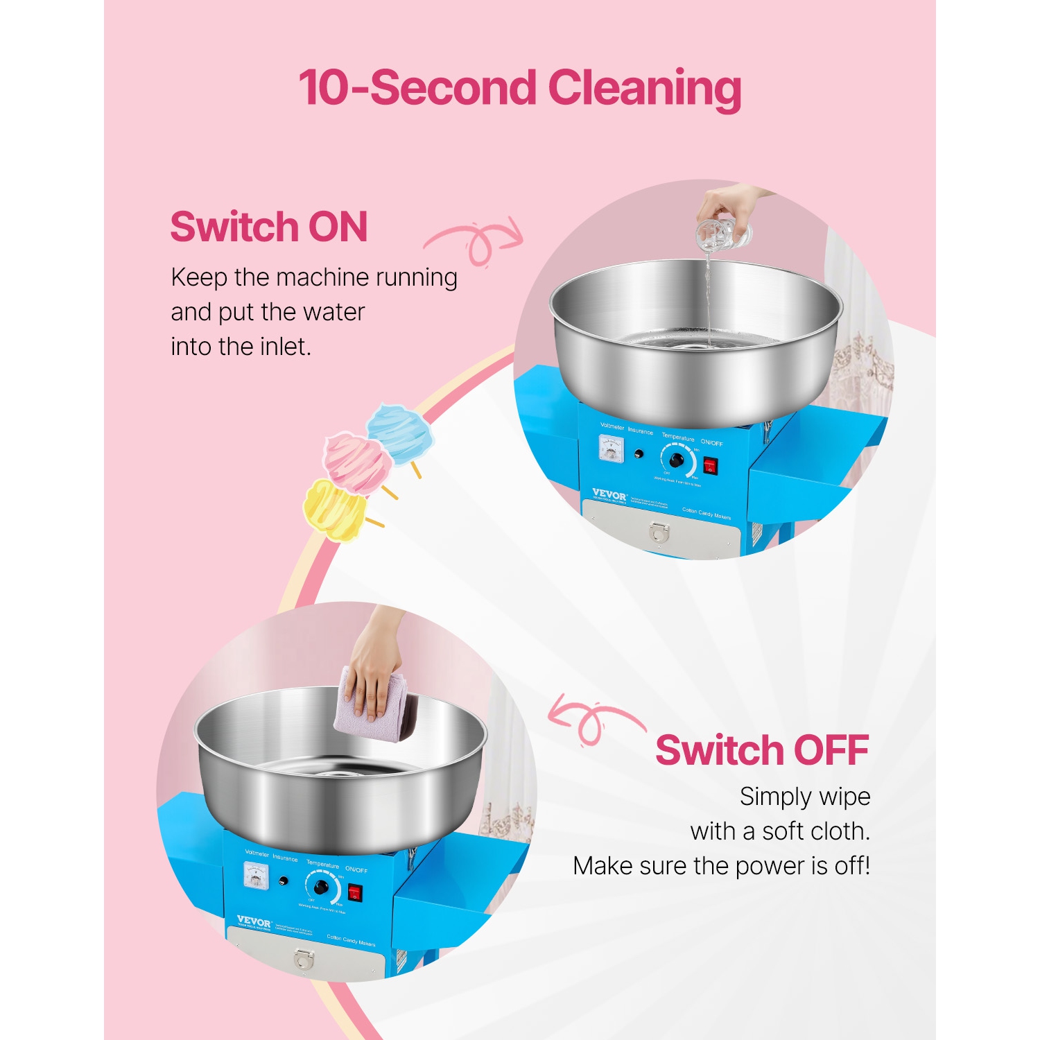 VEVOR 1000W Electric Cotton Candy Machine with Cart, Commercial Candy Floss Maker with 20.5 in Stainless Steel Bowl, Sugar Scoop, and Drawer, Easy to
