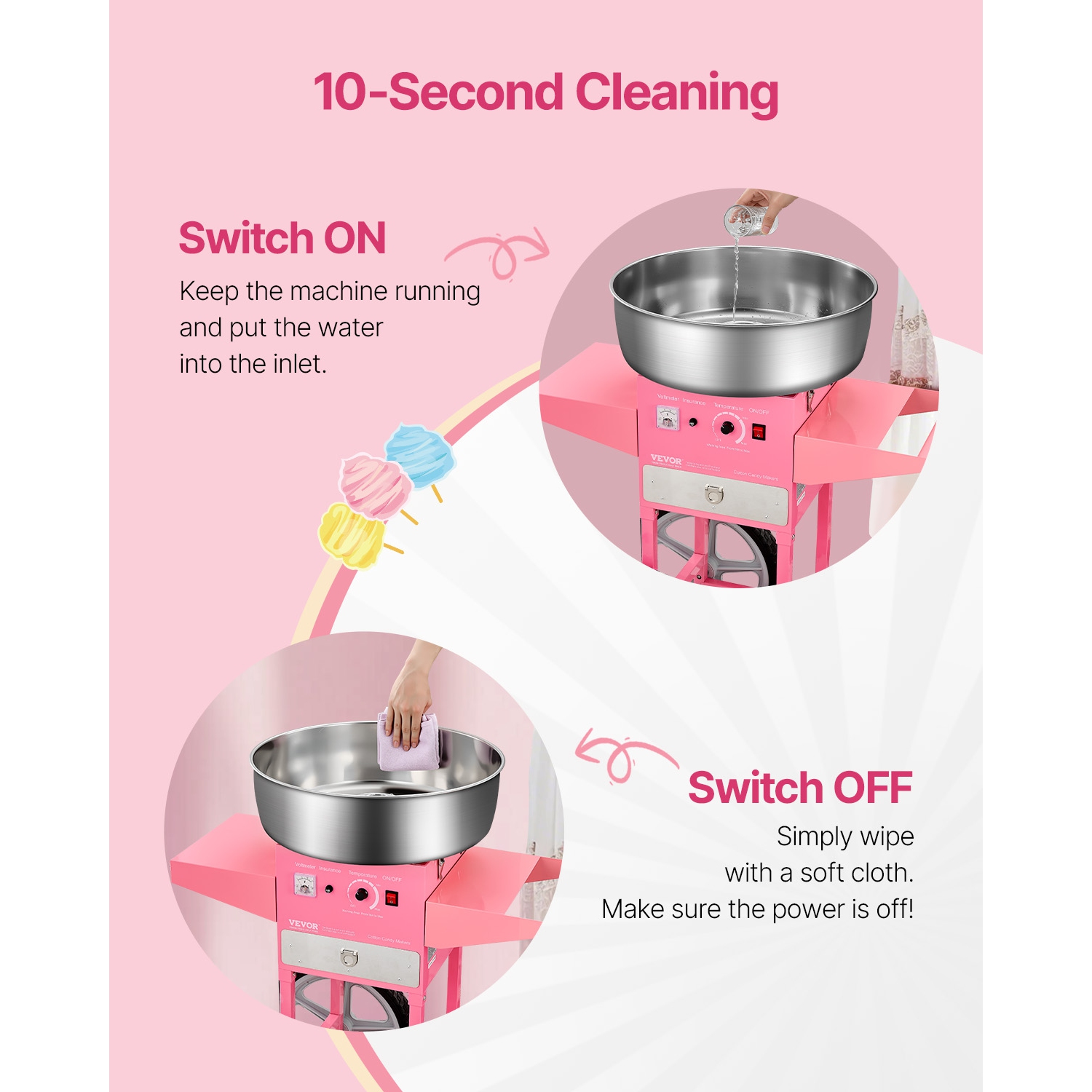 VEVOR 1000W Electric Cotton Candy Machine with Cart, Commercial Candy Floss Maker with 20.5 in Stainless Steel Bowl, Sugar Scoop, and Drawer, Easy to