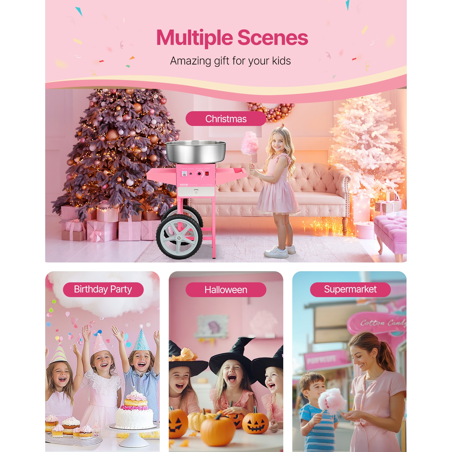 VEVOR 1000W Electric Cotton Candy Machine with Cart, Commercial Candy Floss Maker with 20.5 in Stainless Steel Bowl, Sugar Scoop, and Drawer, Easy to