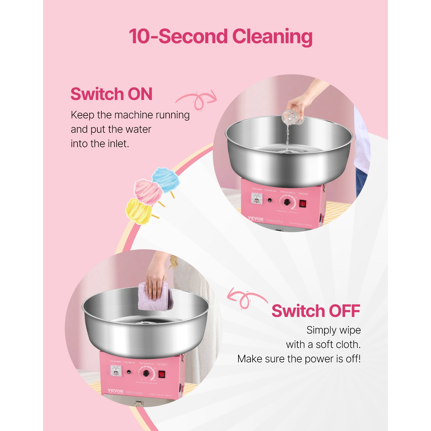VEVOR 1000W Electric Cotton Candy Machine, Commercial Candy Floss Maker with 20.5 in Stainless Steel Bowl, Sugar Scoop, and Drawer, Easy Home Use,