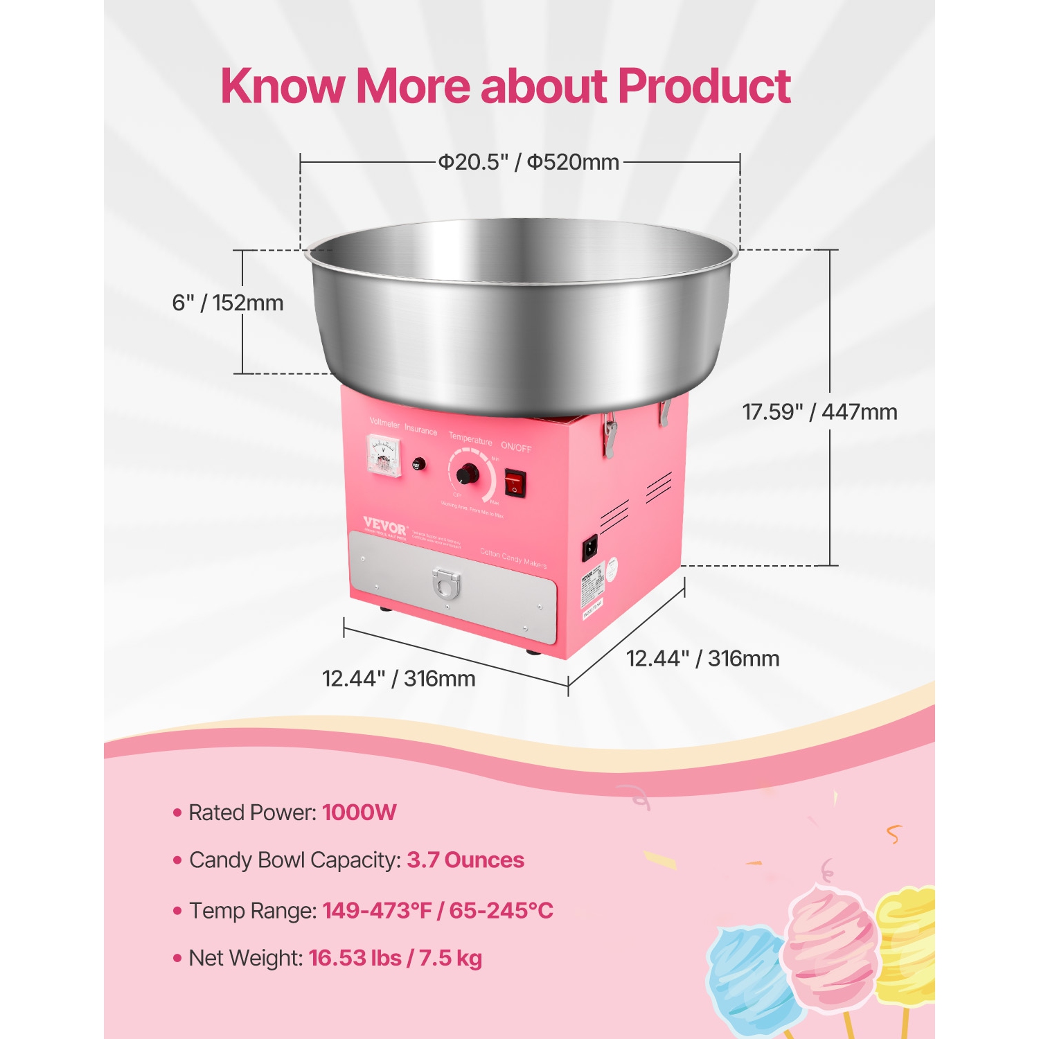 VEVOR 1000W Electric Cotton Candy Machine, Commercial Candy Floss Maker with 20.5 in Stainless Steel Bowl, Sugar Scoop, and Drawer, Easy Home Use,