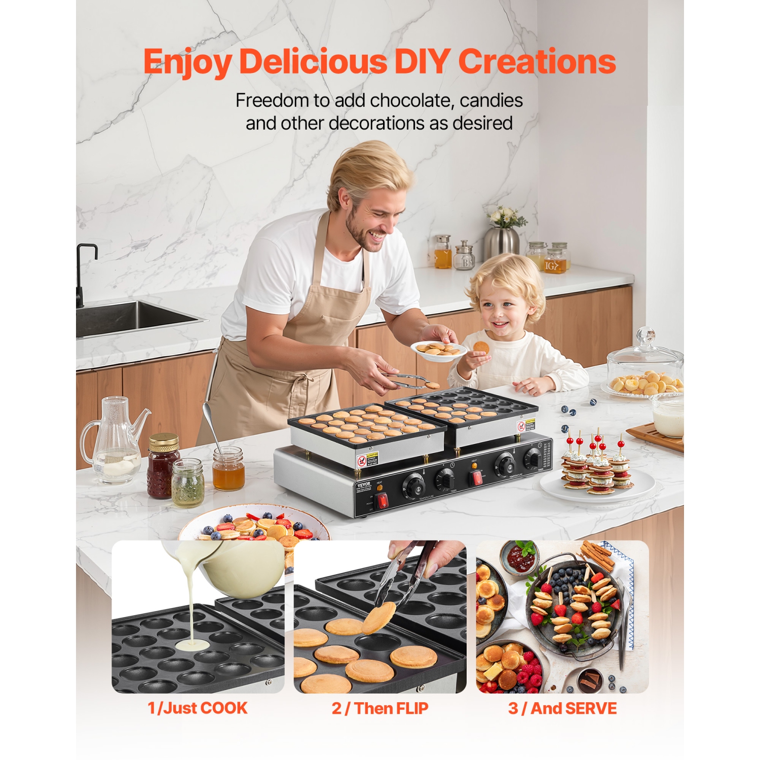 VEVOR 50PCS Mini Dutch Pancake Maker, Non-stick Stainless Steel Dorayaki Baker, 1800W Commercial Electric Poffertjes Grill Pan, Dual Temp & Time