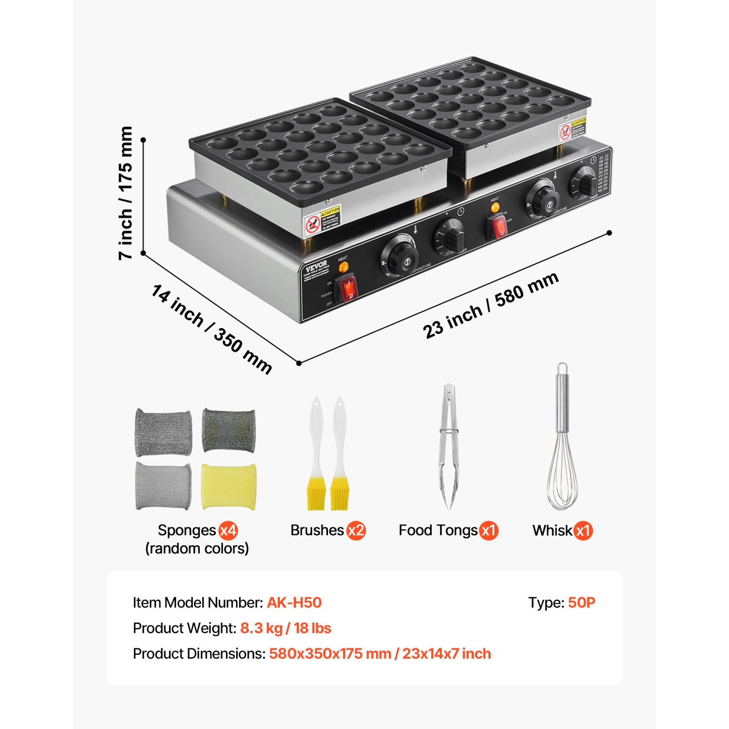 VEVOR 50PCS Mini Dutch Pancake Maker, Non-stick Stainless Steel Dorayaki Baker, 1800W Commercial Electric Poffertjes Grill Pan, Dual Temp & Time