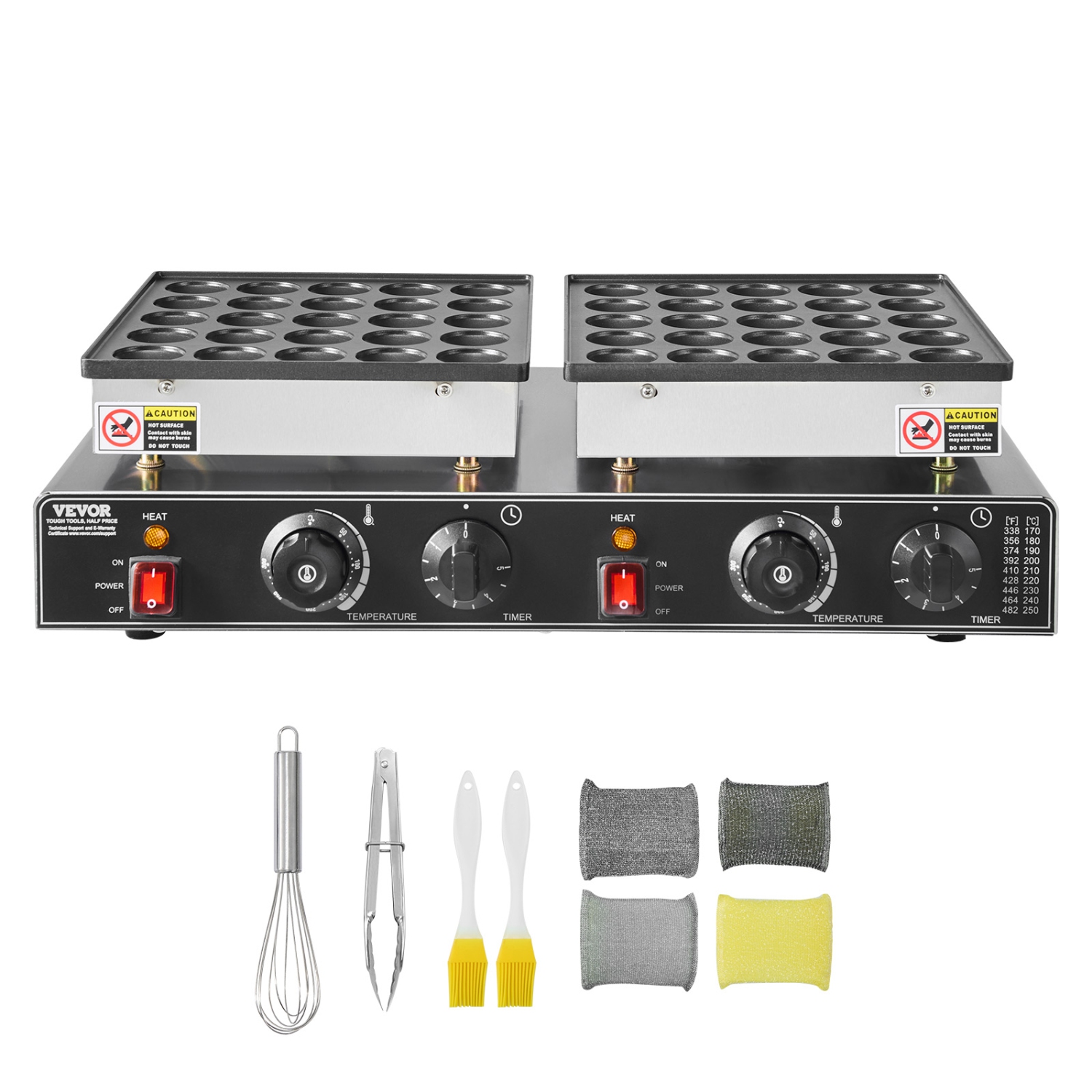VEVOR 50PCS Mini Dutch Pancake Maker, Non-stick Stainless Steel Dorayaki Baker, 1800W Commercial Electric Poffertjes Grill Pan, Dual Temp & Time