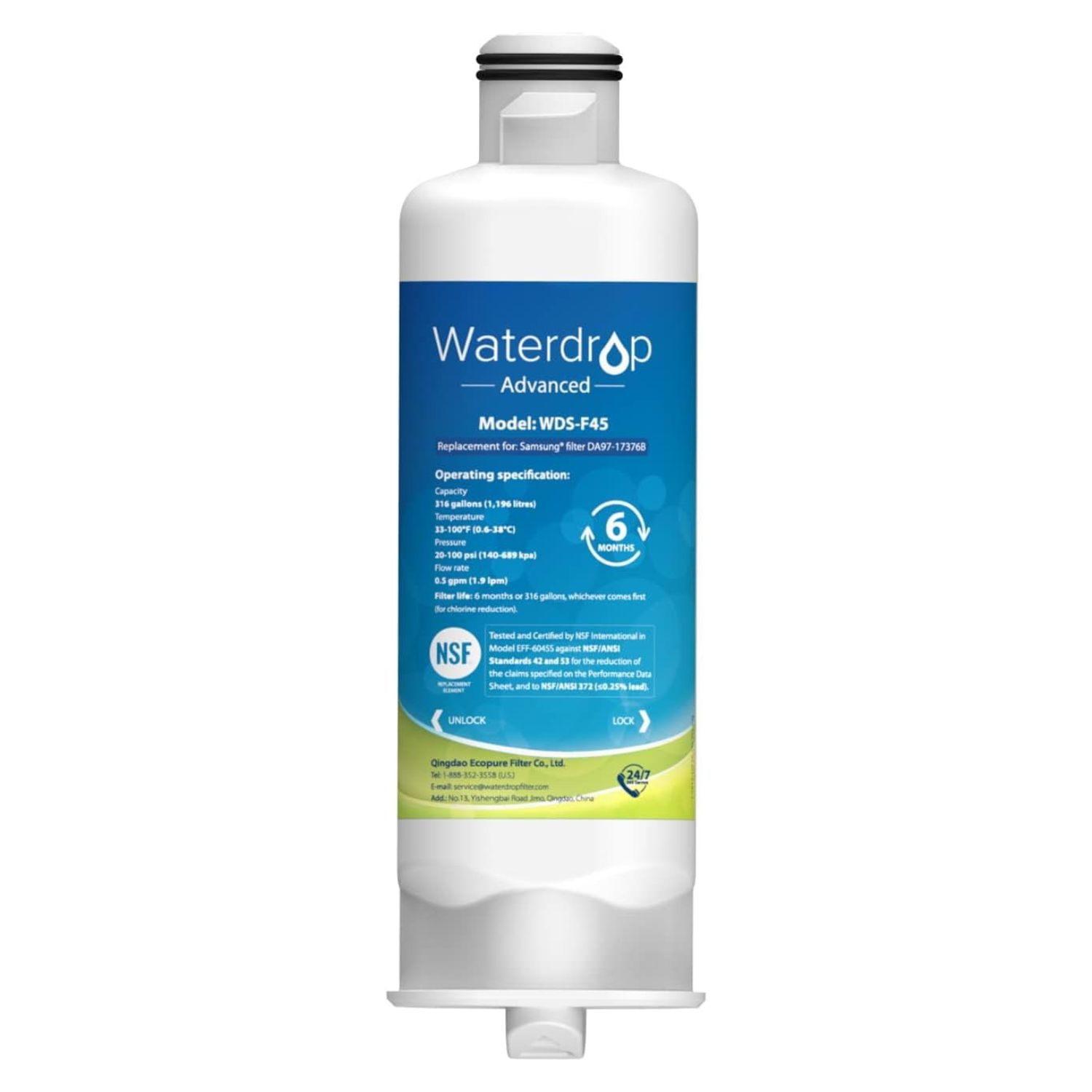 Certifié NSF 53 et 42 de Waterdrop WDS-F45 compatible avec les filtres à eau HAF-Qin/EXP, HAF-Qin, DA97-17376&nbsp;B, DA97-08006C et pour