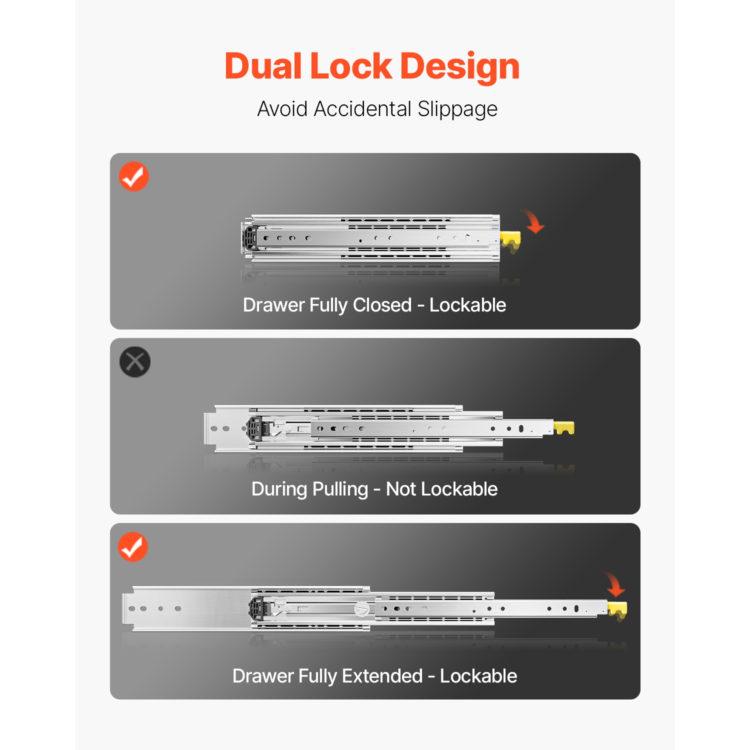 VEVOR 1 Pair Full Extension Drawer Slides 18 20 22 28 30 32 36 38 40 44 48 52 56 60 in, 500 lbs Load Capacity Locking Drawer Slides, with Lock Side