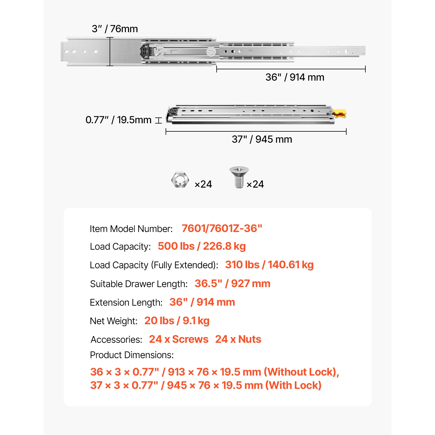 Ensemble VEVOR de 2 rails de tiroir, tailles allant de 16 à 60&nbsp;pouces, capable de soutenir 500&nbsp;lb, équipé d'un mécanisme de verrouillage et