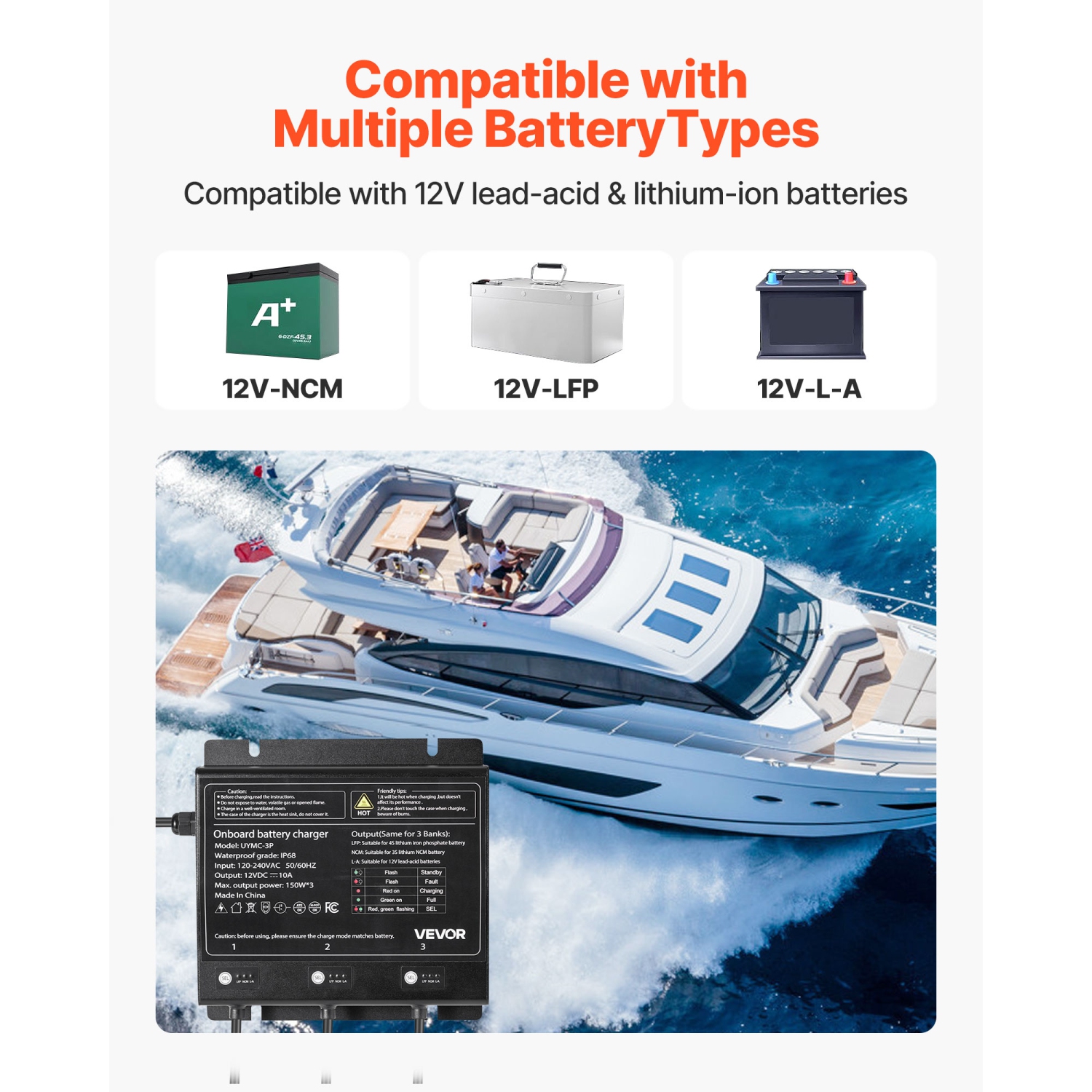 VEVOR 3-Bank Marine Battery Charger, 10A 12V Onboard Boat Charger, IP68 Waterproof Smart On-Board Battery Charger, for Lithium-Ion, NCM, Lead-Acid