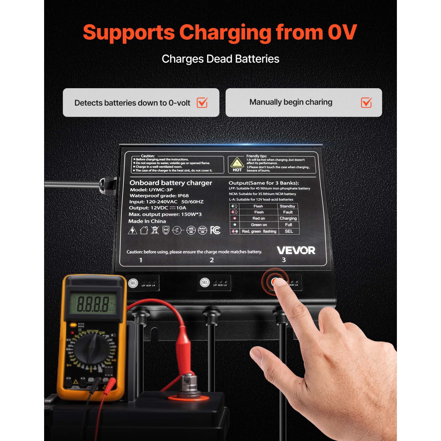 VEVOR 3-Bank Marine Battery Charger, 10A 12V Onboard Boat Charger, IP68 Waterproof Smart On-Board Battery Charger, for Lithium-Ion, NCM, Lead-Acid