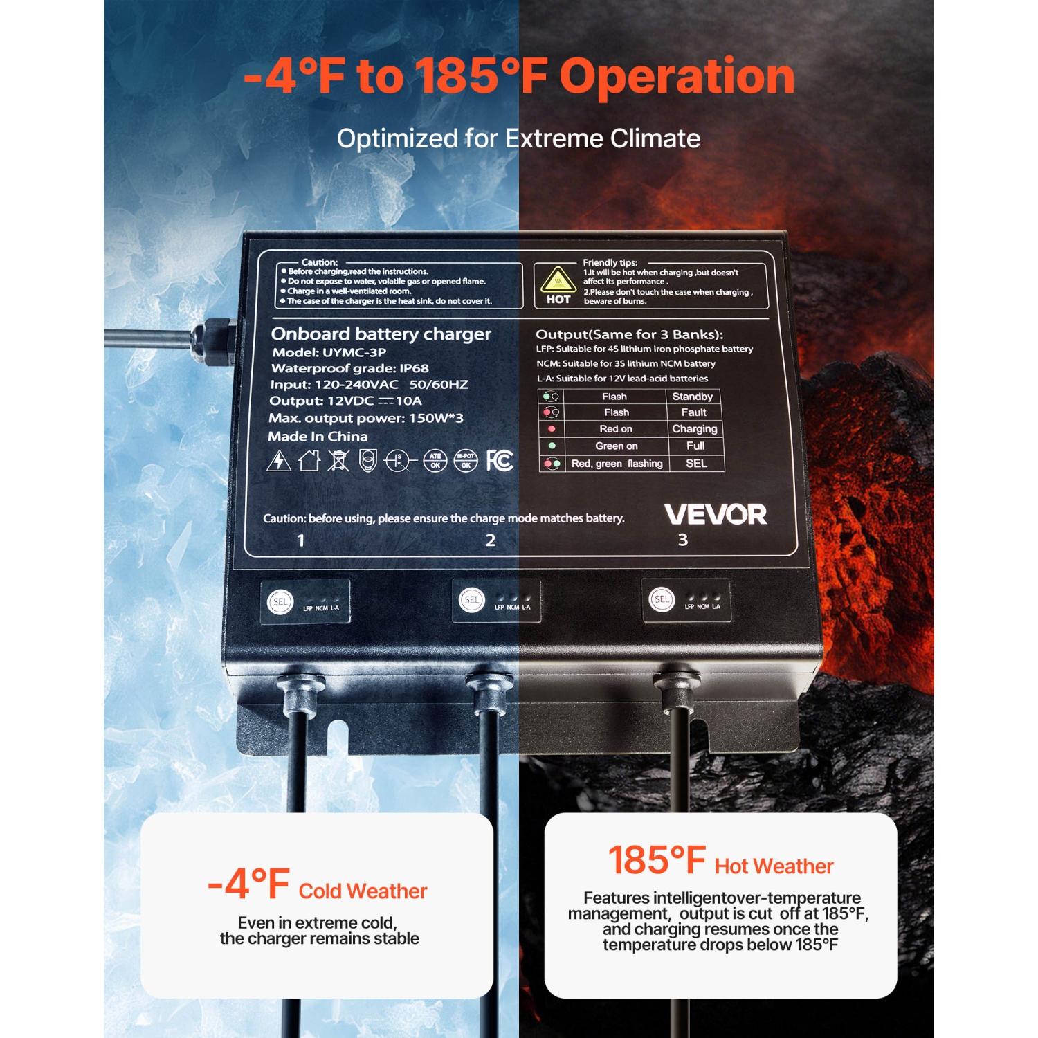 VEVOR 3-Bank Marine Battery Charger, 10A 12V Onboard Boat Charger, IP68 Waterproof Smart On-Board Battery Charger, for Lithium-Ion, NCM, Lead-Acid