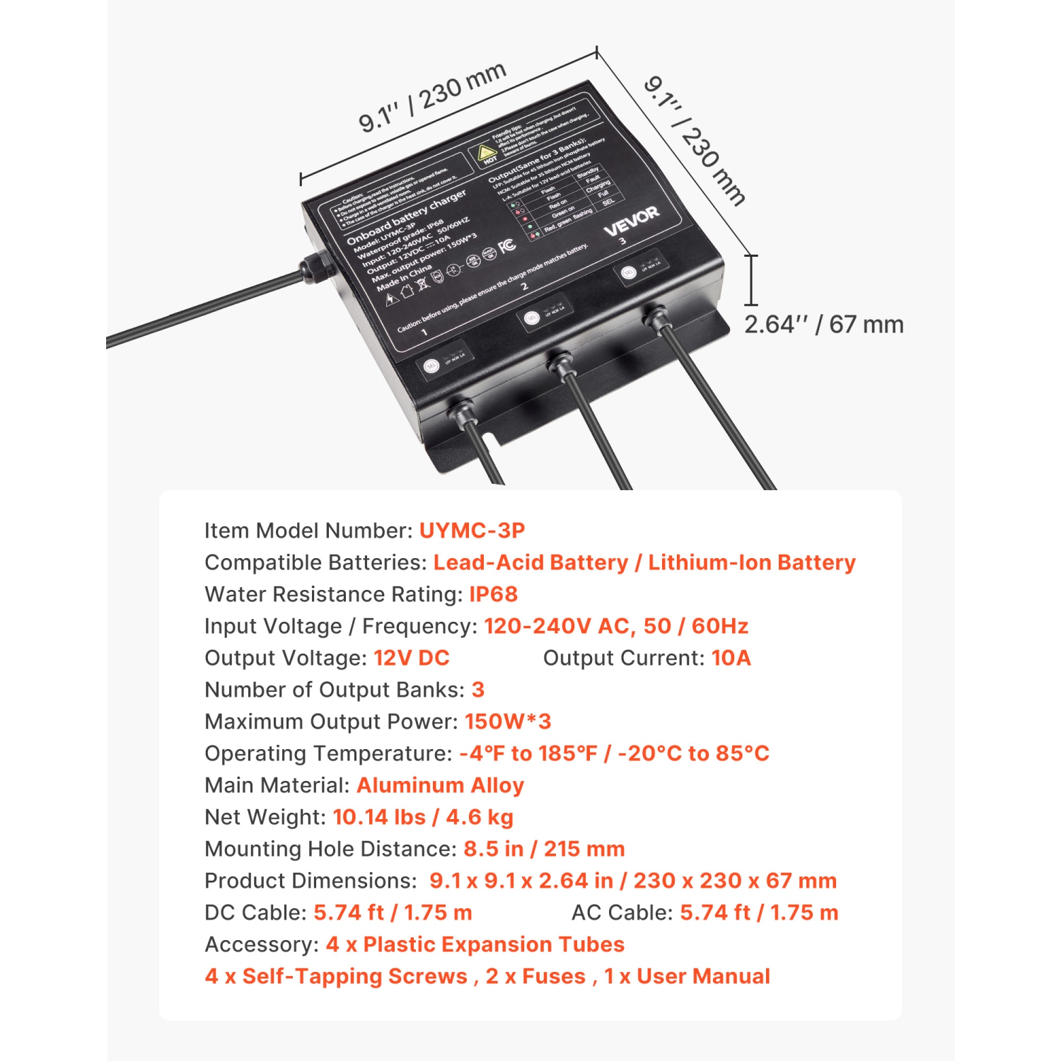 VEVOR 3-Bank Marine Battery Charger, 10A 12V Onboard Boat Charger, IP68 Waterproof Smart On-Board Battery Charger, for Lithium-Ion, NCM, Lead-Acid