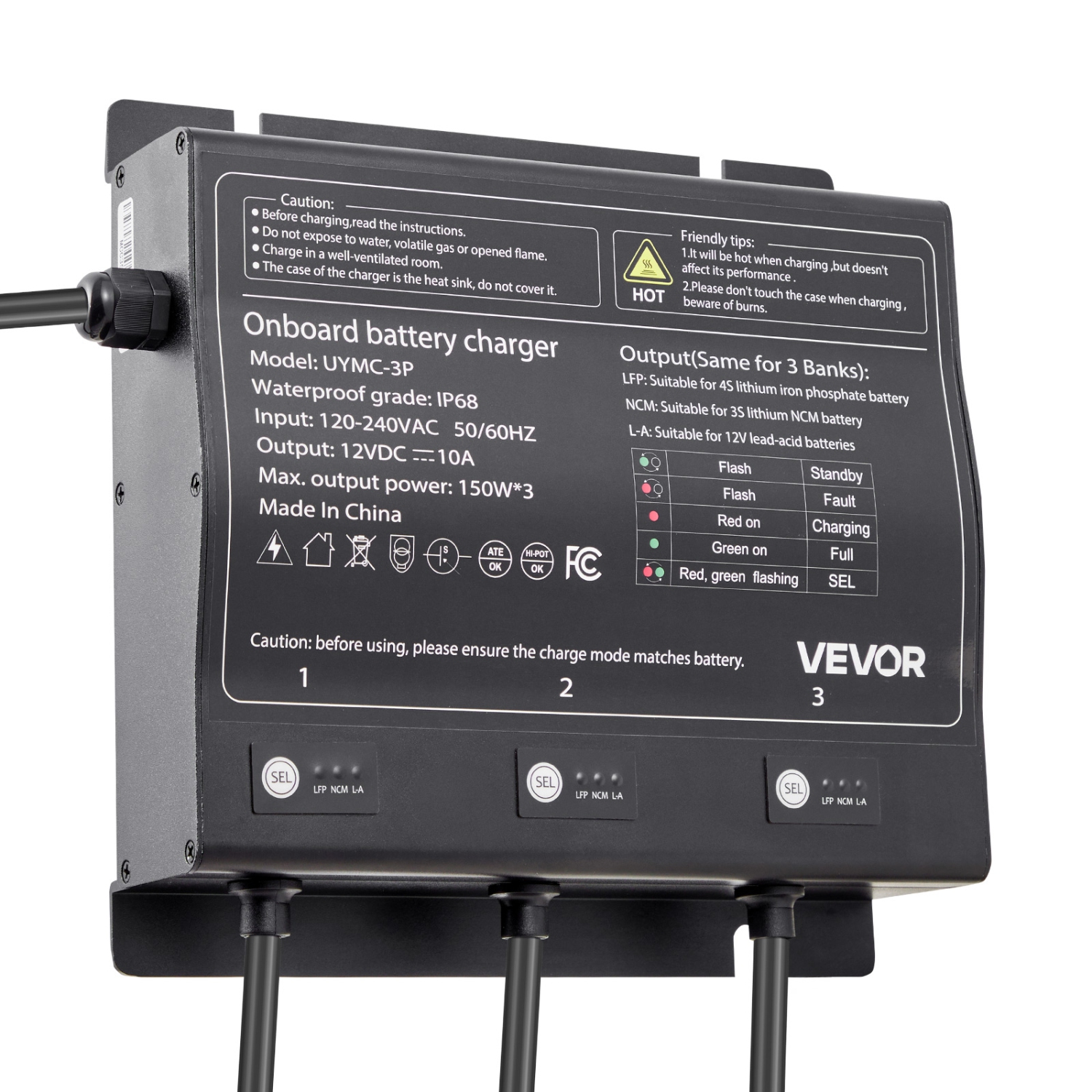 VEVOR 3-Bank Marine Battery Charger, 10A 12V Onboard Boat Charger, IP68 Waterproof Smart On-Board Battery Charger, for Lithium-Ion, NCM, Lead-Acid