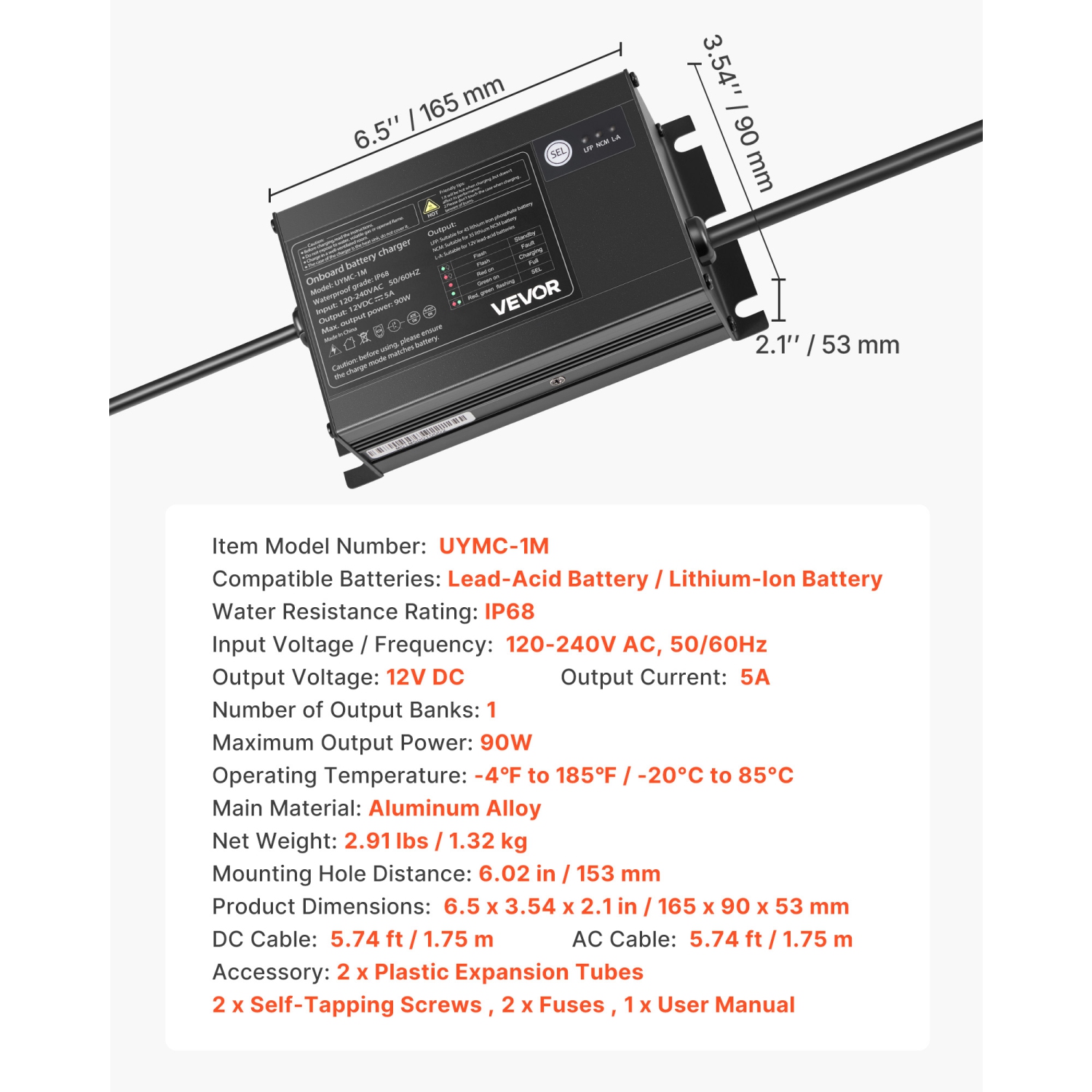 VEVOR 5A Marine Battery Charger, 1-Bank, 12V Onboard Boat Charger, IP68 Waterproof Smart On-Board Battery Charger, for Lithium-Ion, NCM, Lead-Acid