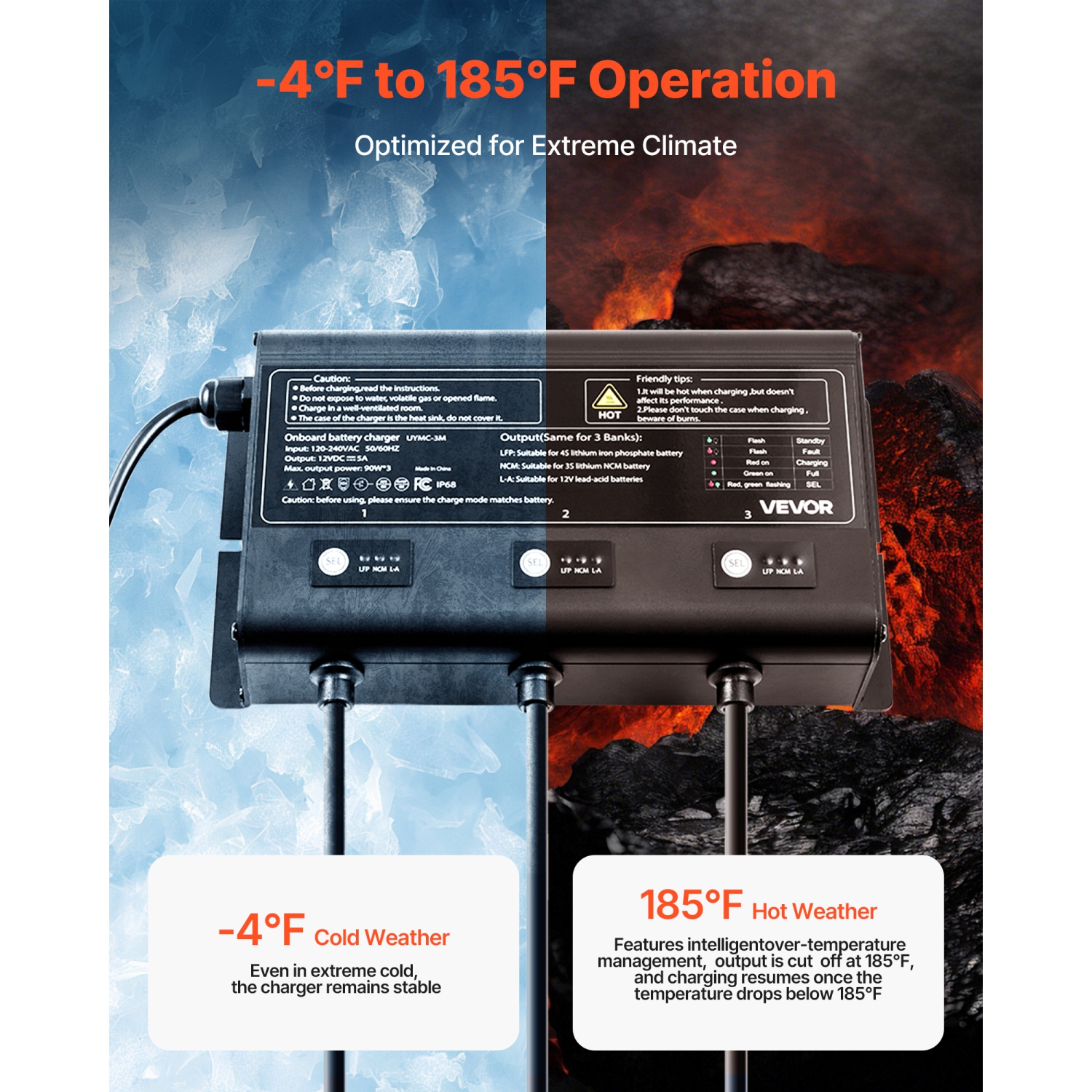 VEVOR 5A Marine Battery Charger, 3-Bank, 12V Onboard Boat Charger, IP68 Waterproof Smart On-Board Battery Charger, for Lithium-Ion, NCM, Lead-Acid