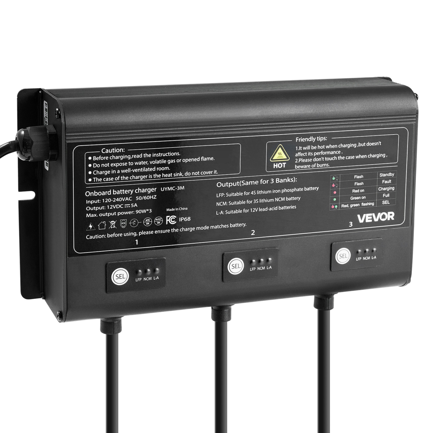 VEVOR 5A Marine Battery Charger, 3-Bank, 12V Onboard Boat Charger, IP68 Waterproof Smart On-Board Battery Charger, for Lithium-Ion, NCM, Lead-Acid