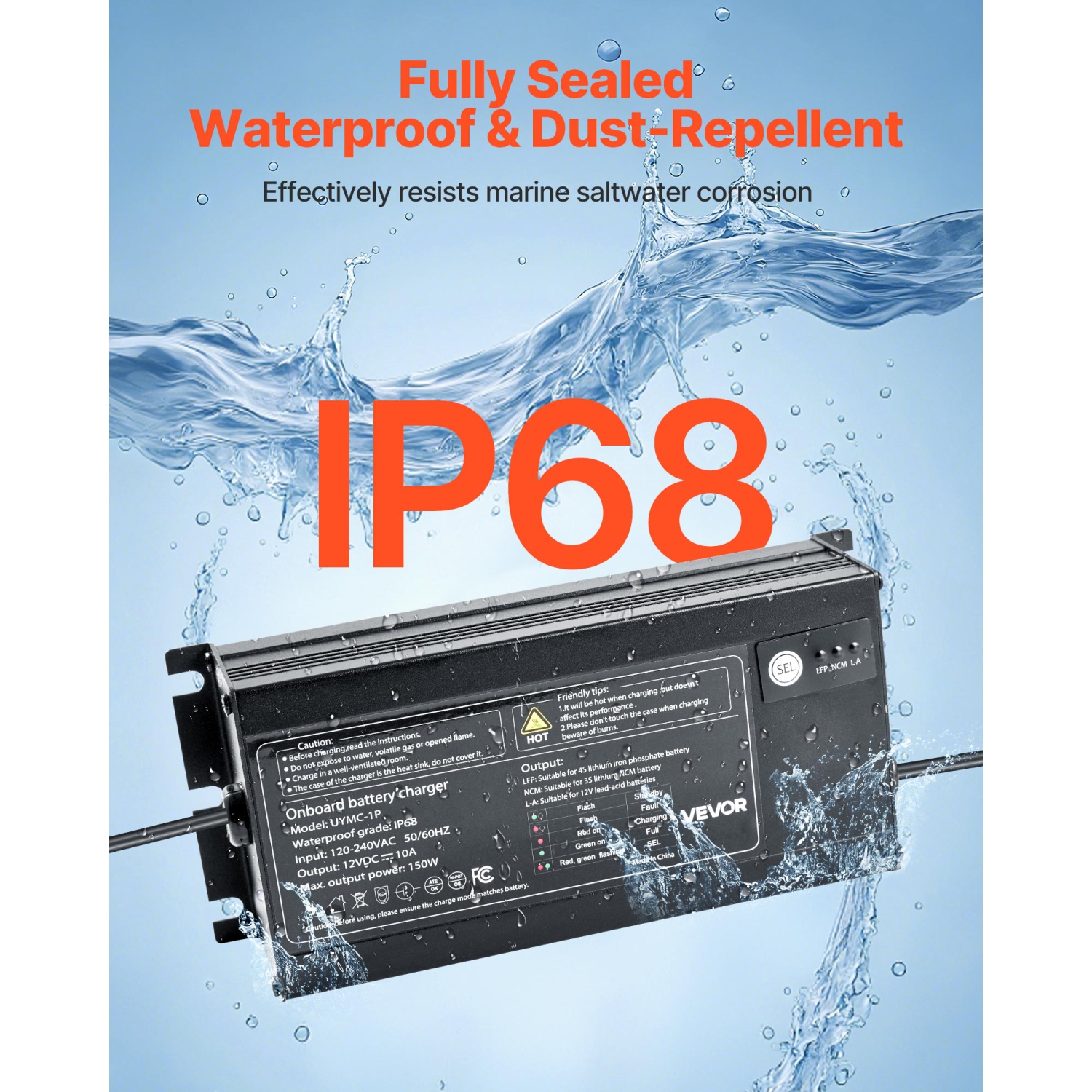 VEVOR 10A Marine Battery Charger, 1-Bank, 12V Onboard Boat Charger, IP68 Waterproof Smart On-Board Battery Charger, for Lithium-Ion, NCM, Lead-Acid